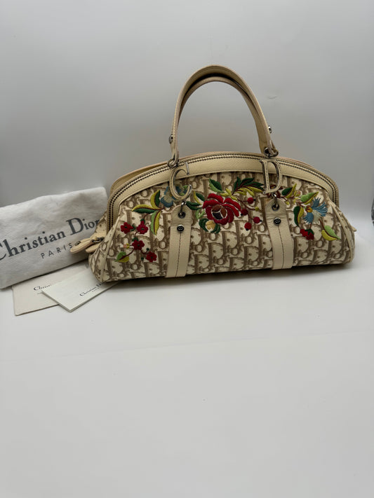 Authentic Christian Dior Beige Trotter Cloth Multi-Color Embroidered Floral Bowler Bag