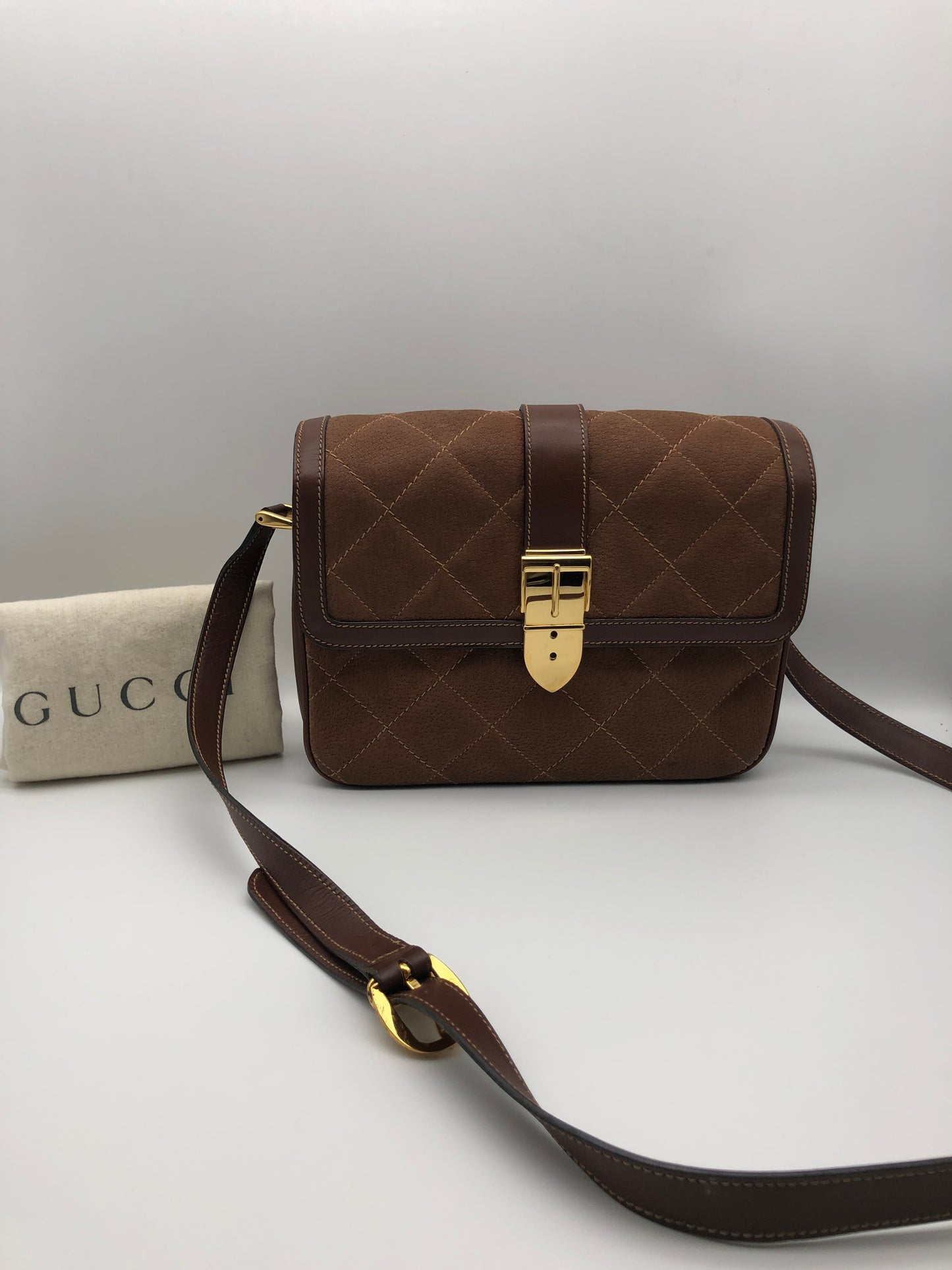 Authentic Gucci Brown Quilted Suede Box Shape Shoulder Crossbody Bag