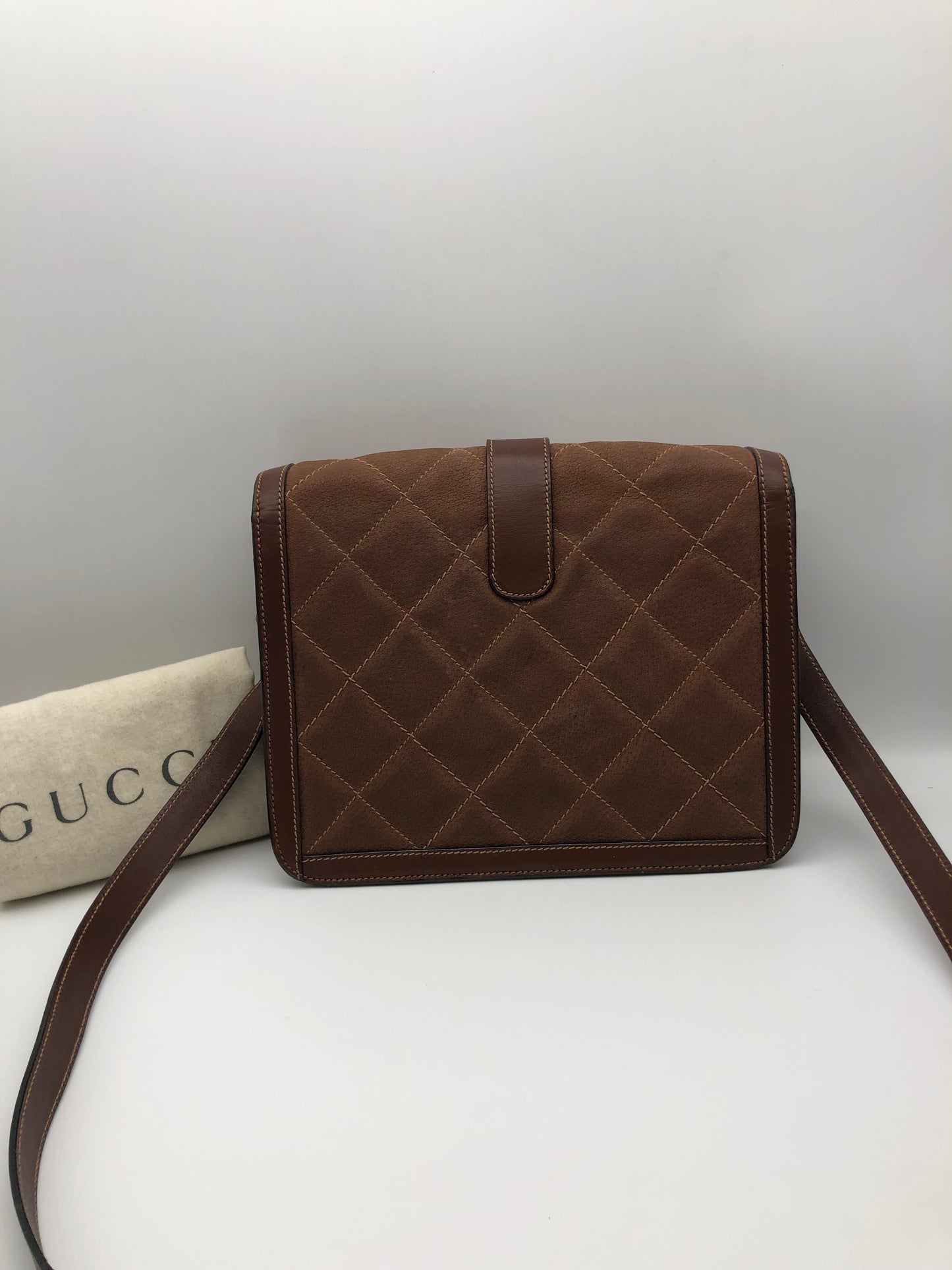 Authentic Gucci Brown Quilted Suede Box Shape Shoulder Crossbody Bag