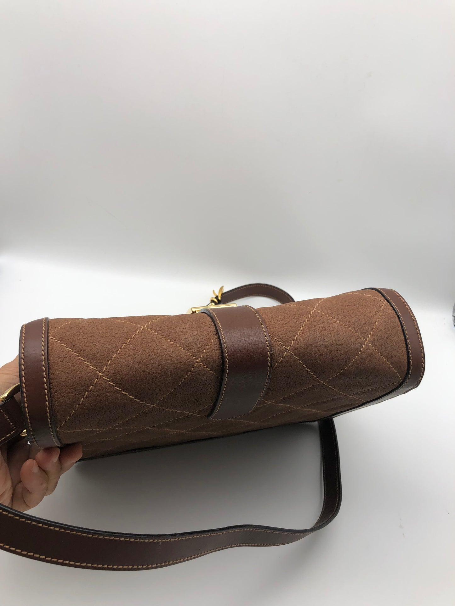 Authentic Gucci Brown Quilted Suede Box Shape Shoulder Crossbody Bag