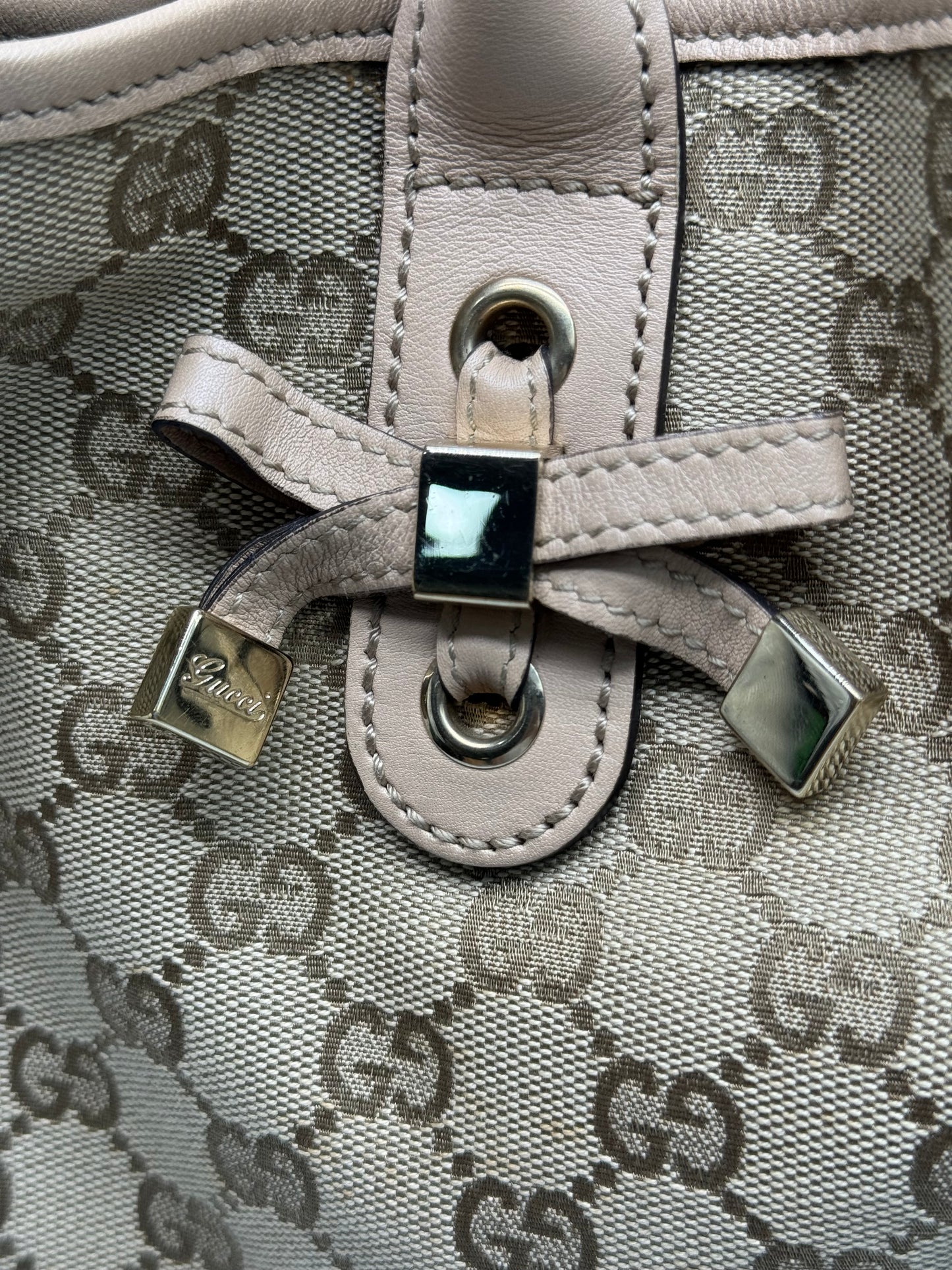 Authentic Gucci Princy Beige Cloth Pink Leather Trim Tote