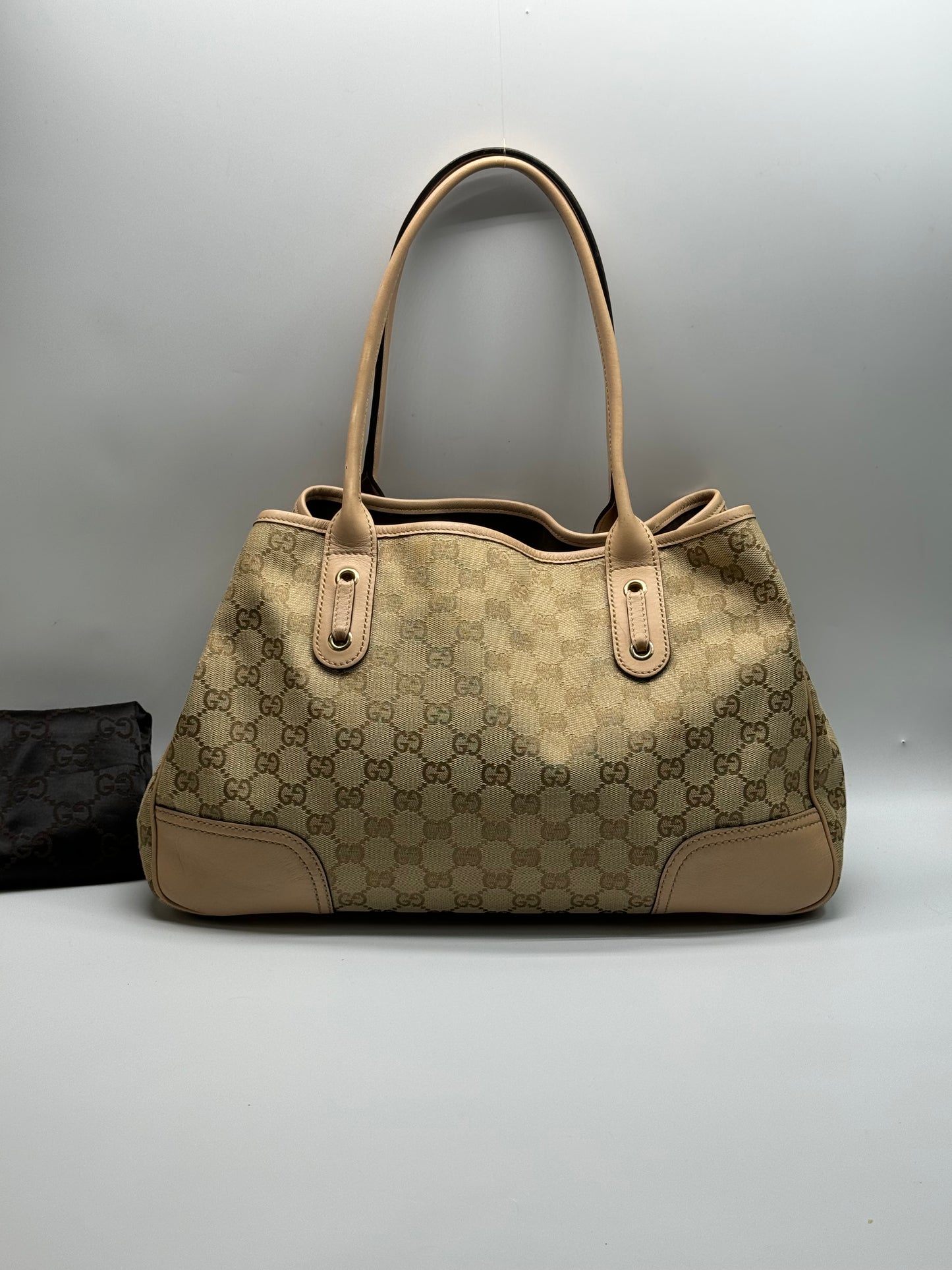 Authentic Gucci Princy Beige Cloth Pink Leather Trim Tote
