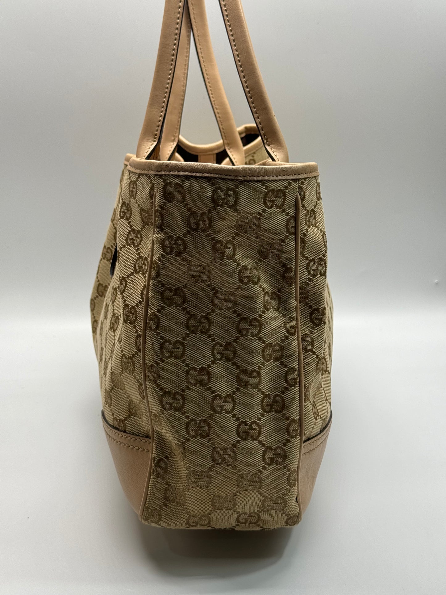 Authentic Gucci Princy Beige Cloth Pink Leather Trim Tote