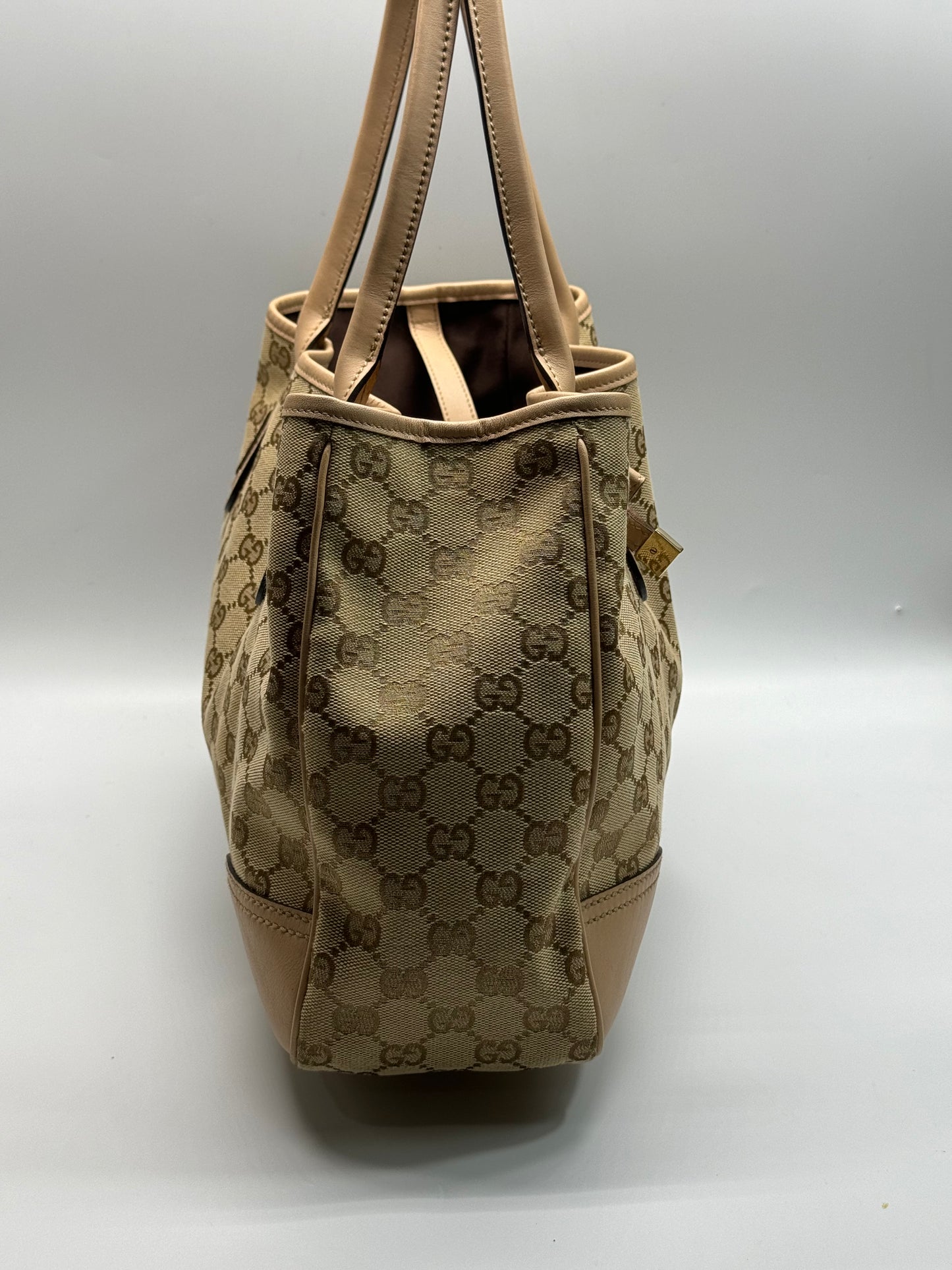 Authentic Gucci Princy Beige Cloth Pink Leather Trim Tote