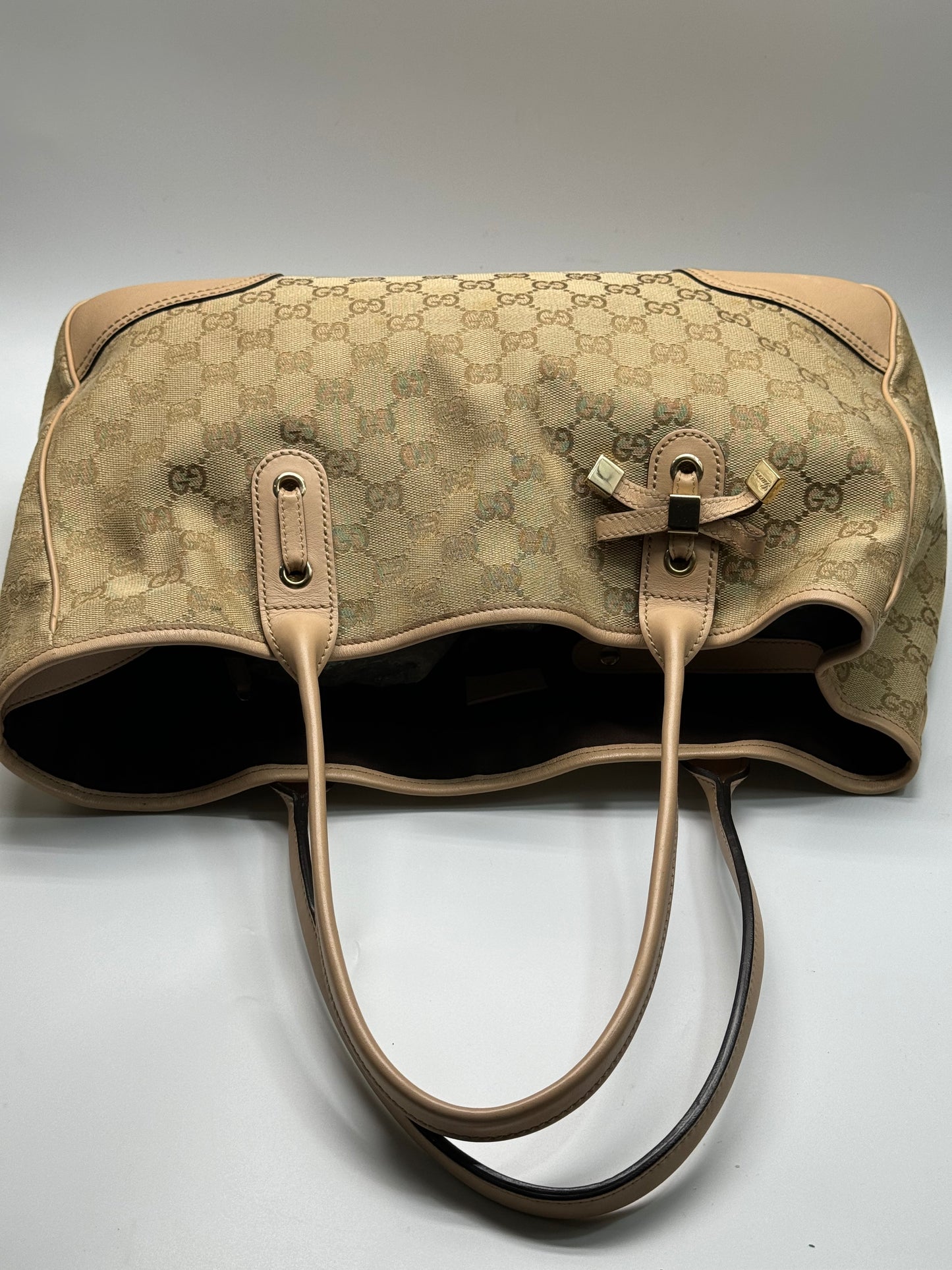 Authentic Gucci Princy Beige Cloth Pink Leather Trim Tote