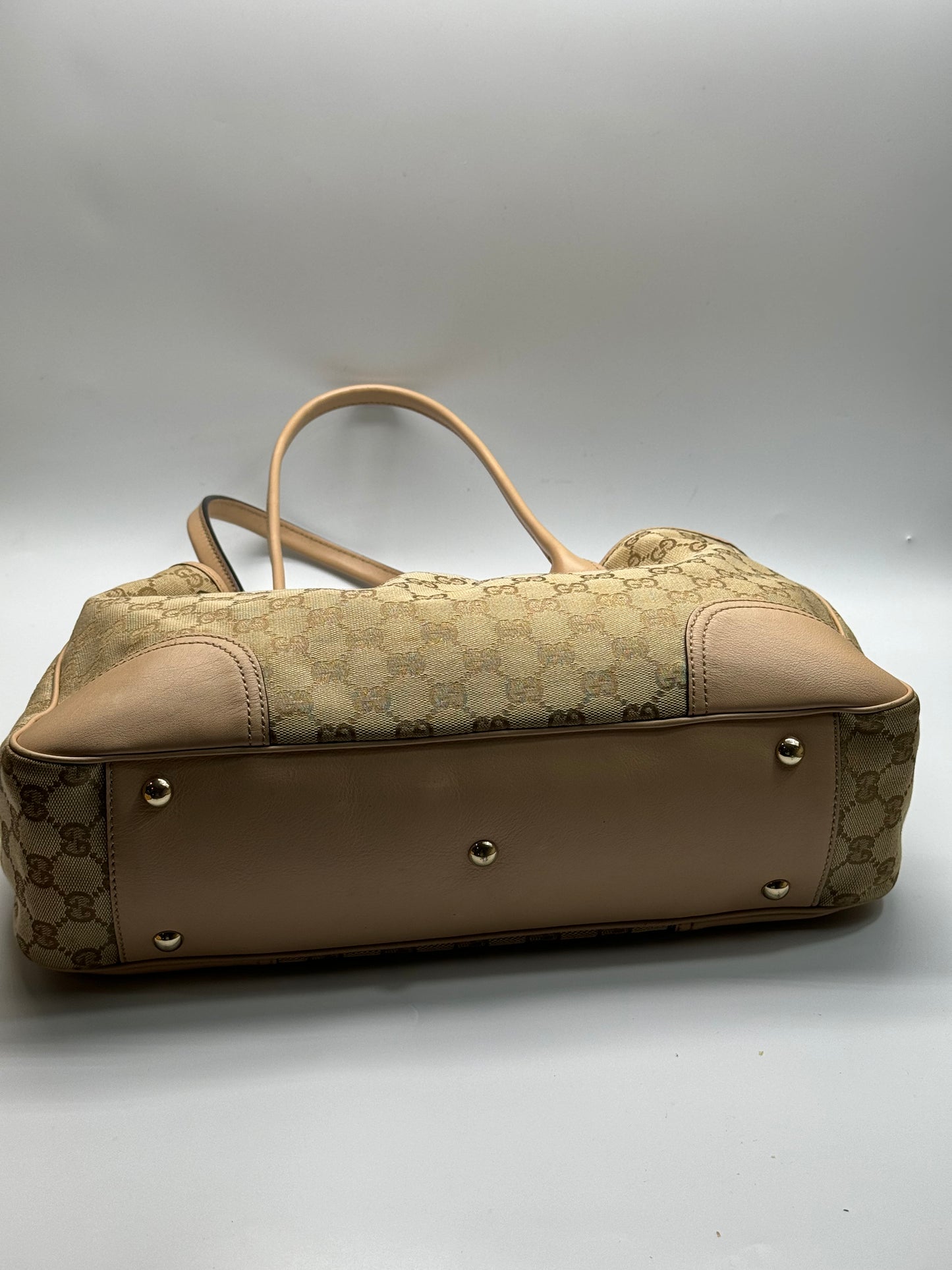 Authentic Gucci Princy Beige Cloth Pink Leather Trim Tote