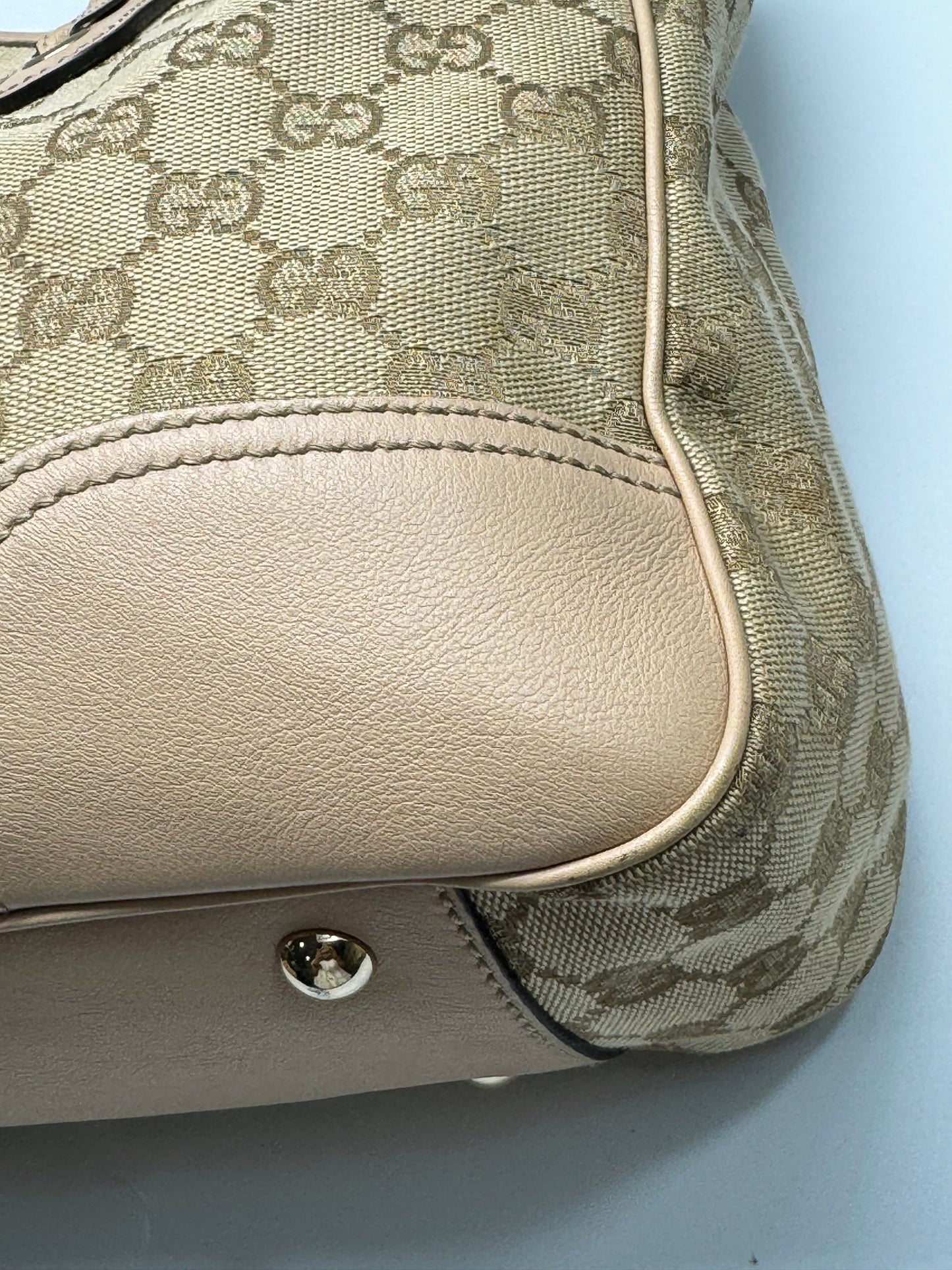 Authentic Gucci Princy Beige Cloth Pink Leather Trim Tote