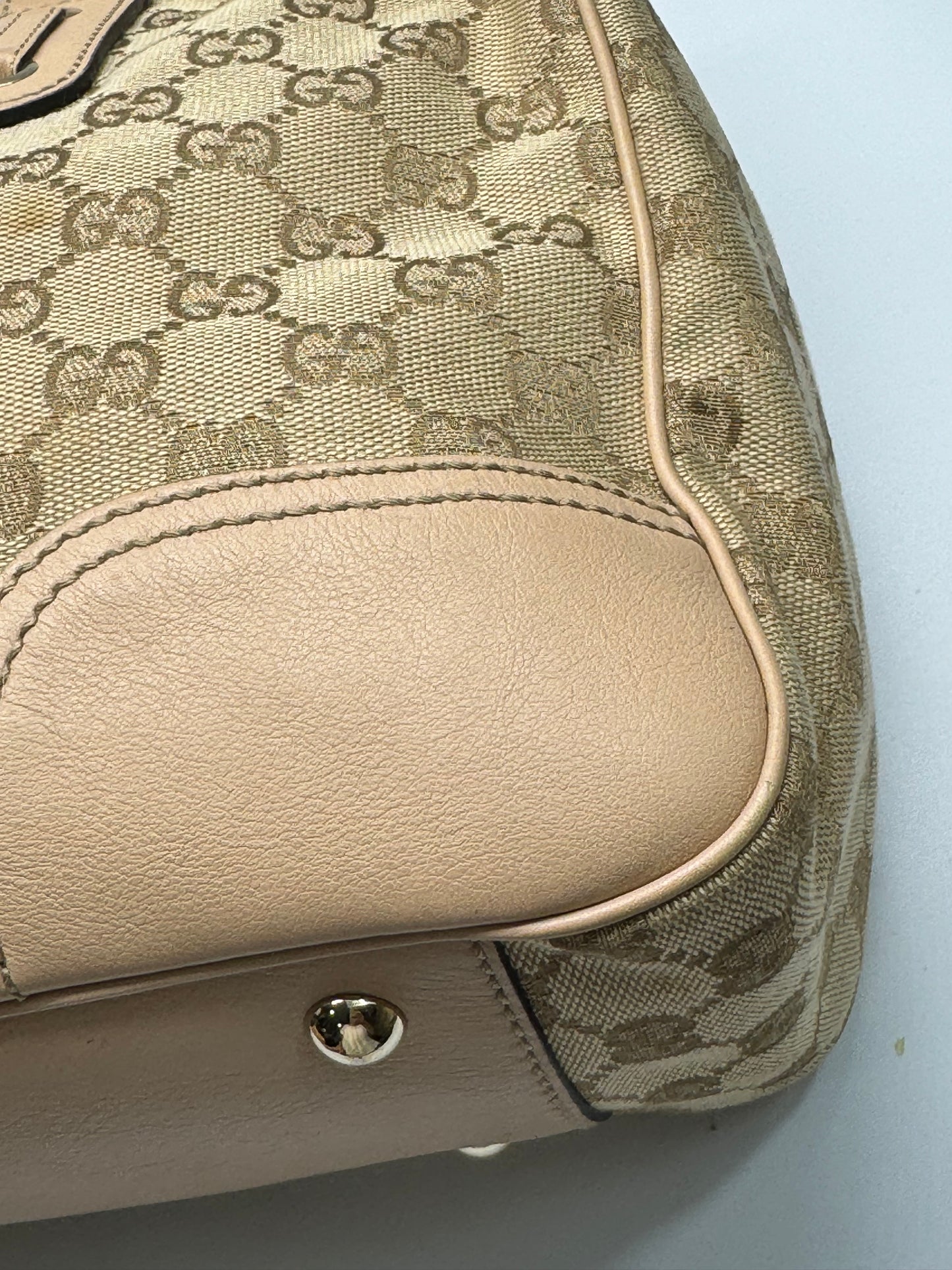 Authentic Gucci Princy Beige Cloth Pink Leather Trim Tote