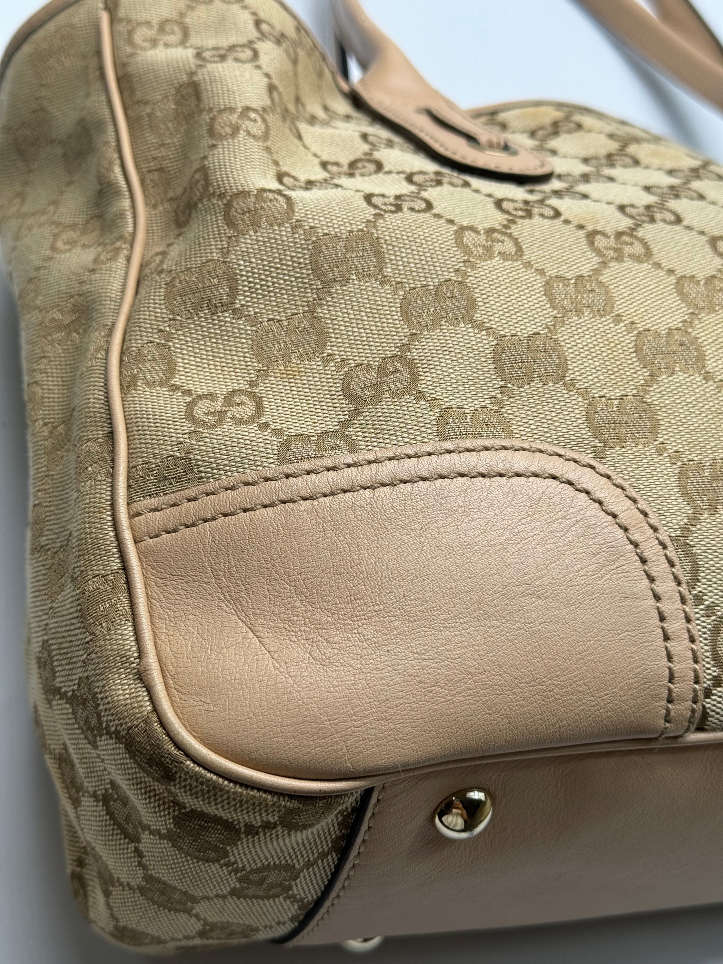 Authentic Gucci Princy Beige Cloth Pink Leather Trim Tote