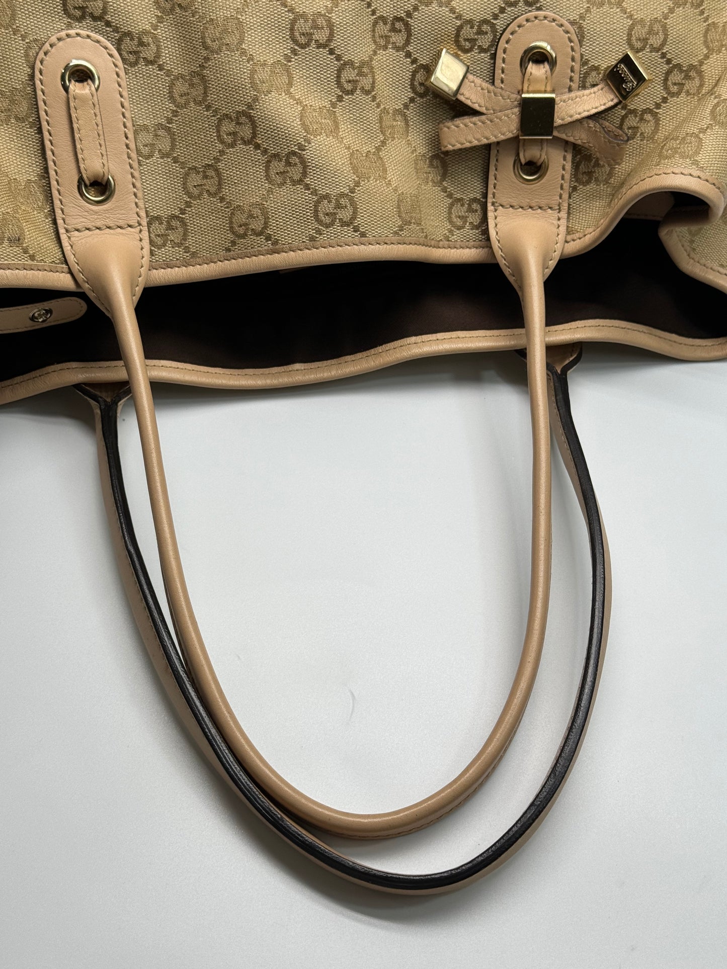 Authentic Gucci Princy Beige Cloth Pink Leather Trim Tote