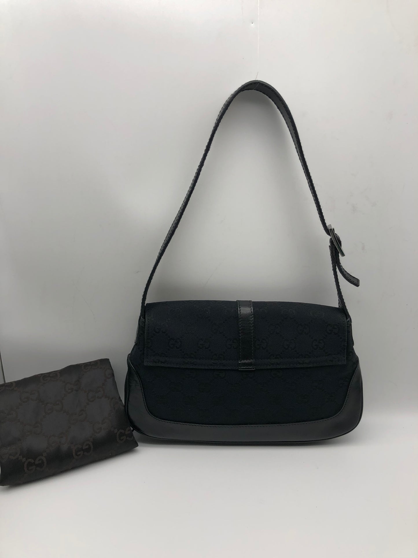 Authentic GUCCI Jackie Black Monogram Jacquard Cloth Shoulder Bag