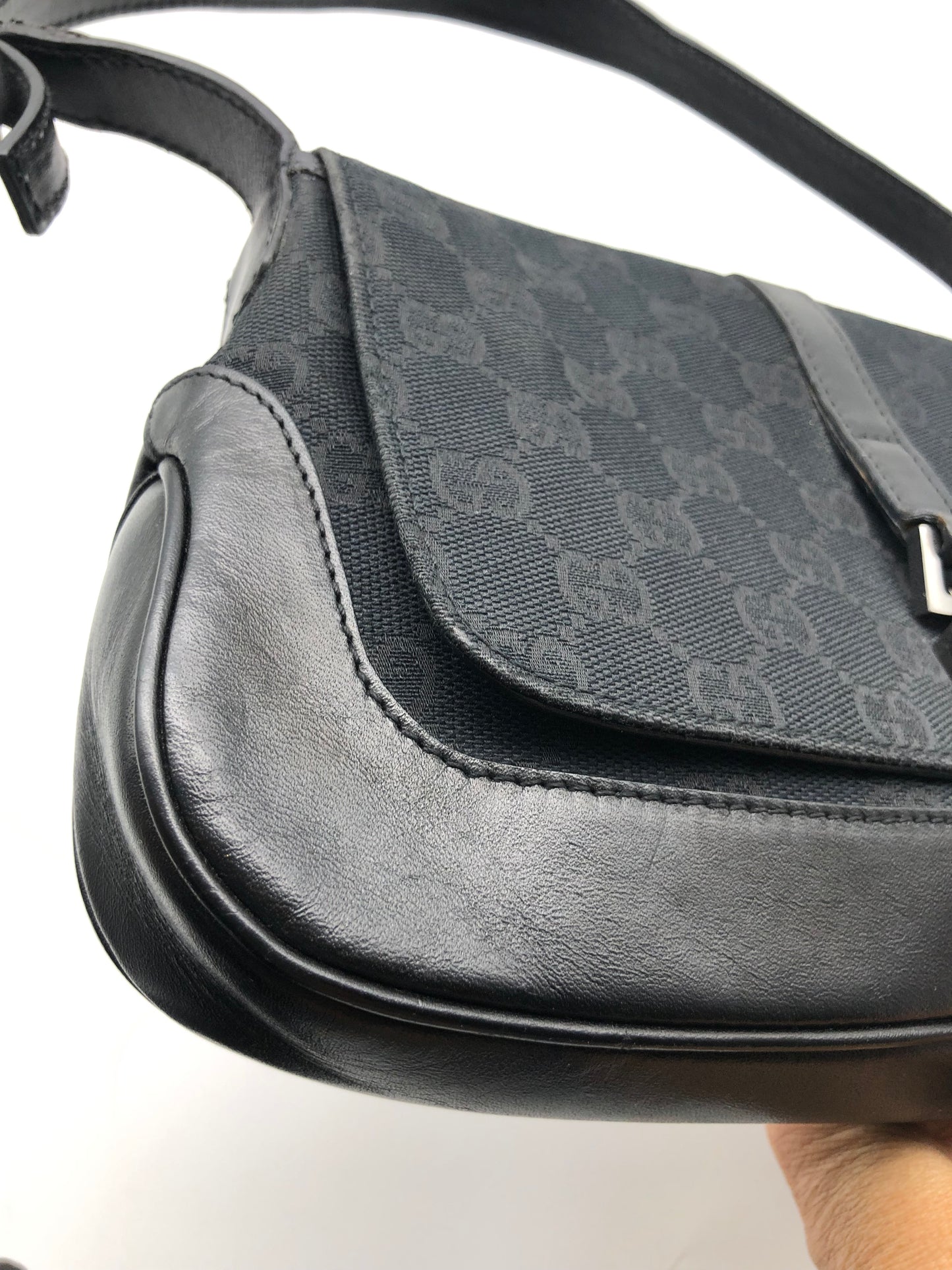 Authentic GUCCI Jackie Black Monogram Jacquard Cloth Shoulder Bag