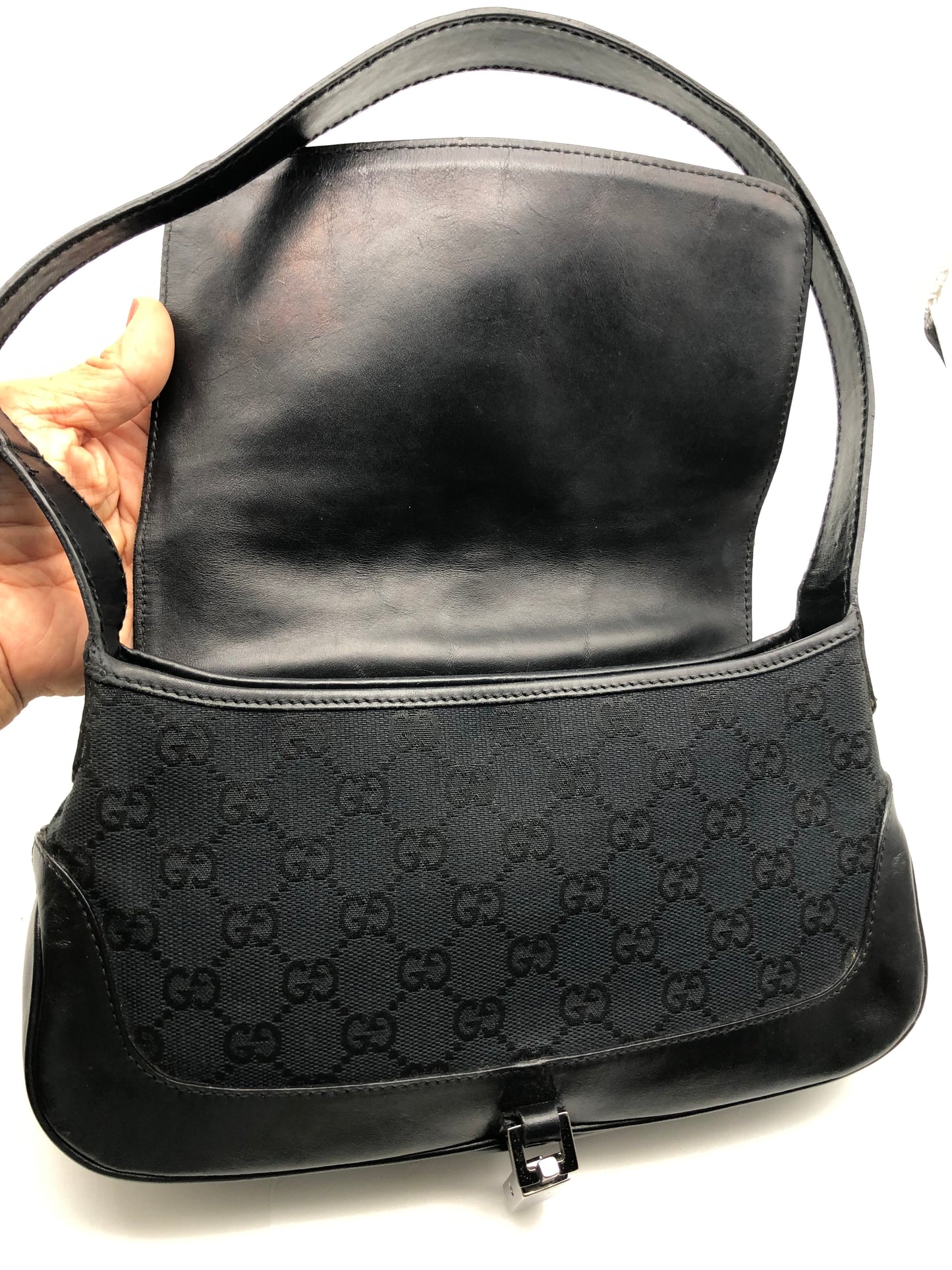 Authentic GUCCI Jackie Black Monogram Jacquard Cloth Shoulder Bag