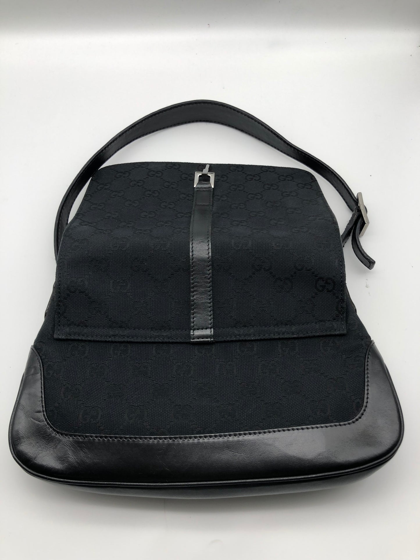 Authentic GUCCI Jackie Black Monogram Jacquard Cloth Shoulder Bag