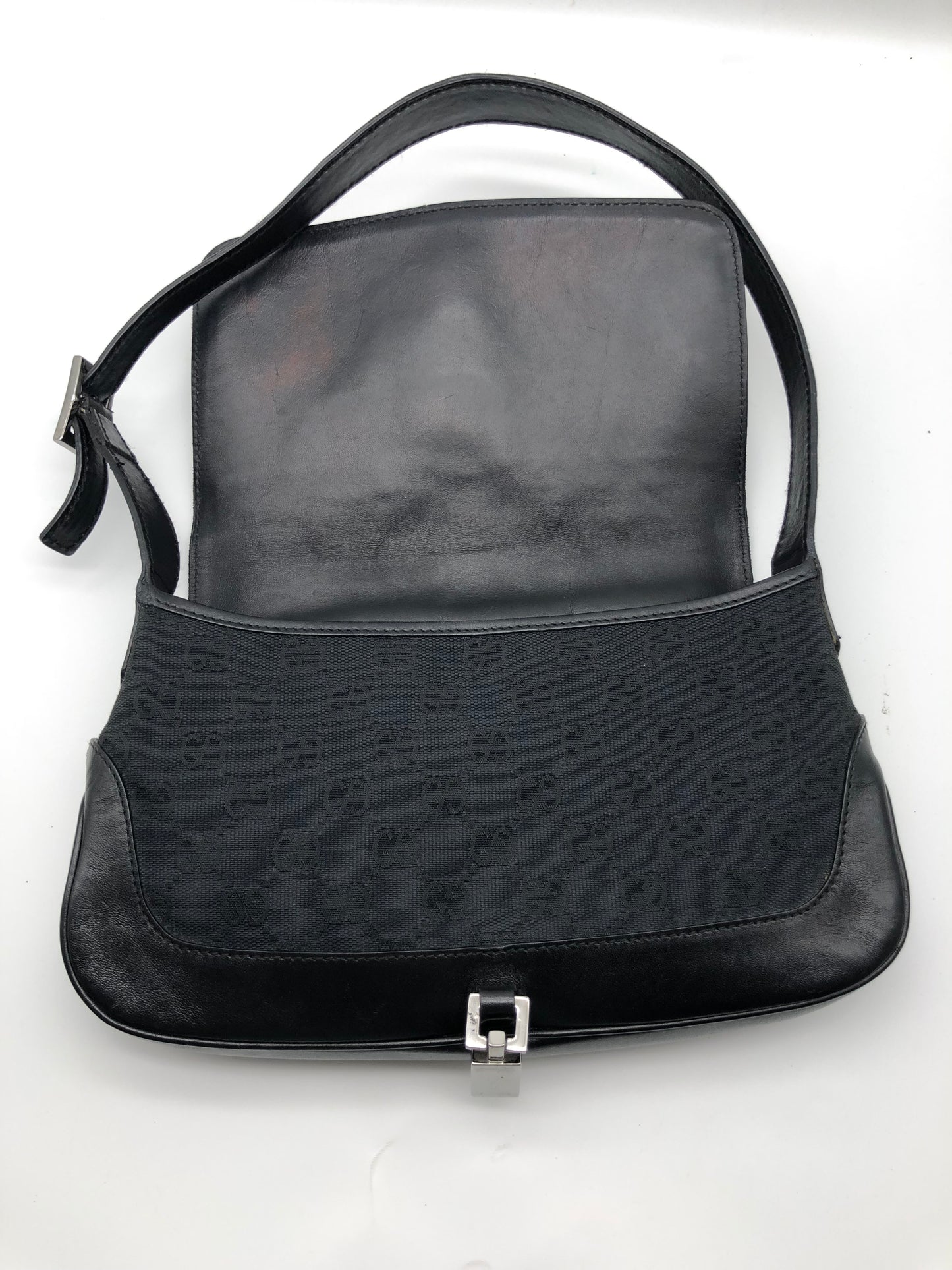 Authentic GUCCI Jackie Black Monogram Jacquard Cloth Shoulder Bag
