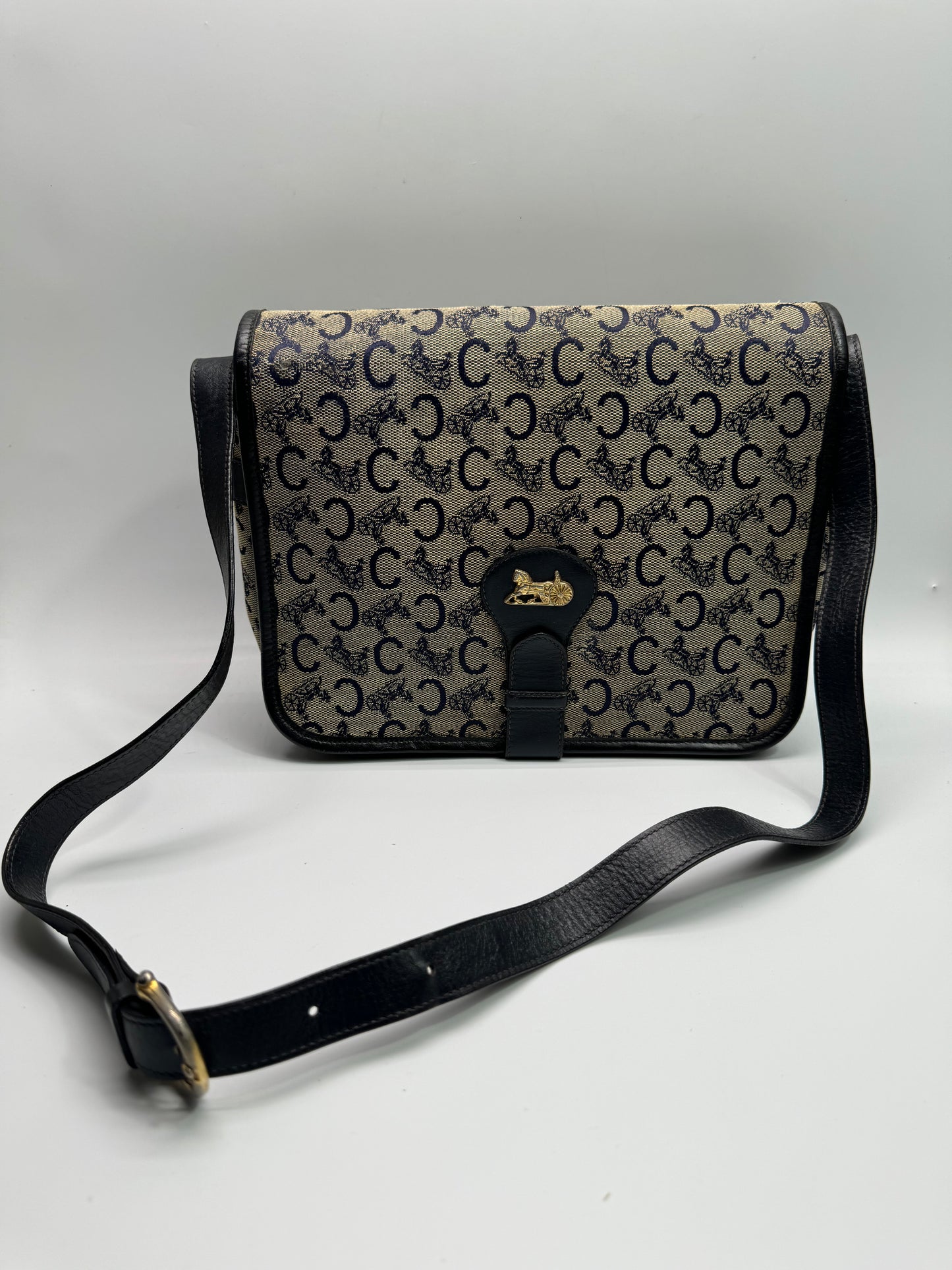 Authentic Celine Horse Carriage Navy Blue Jacquard Cloth Shoulder Bag