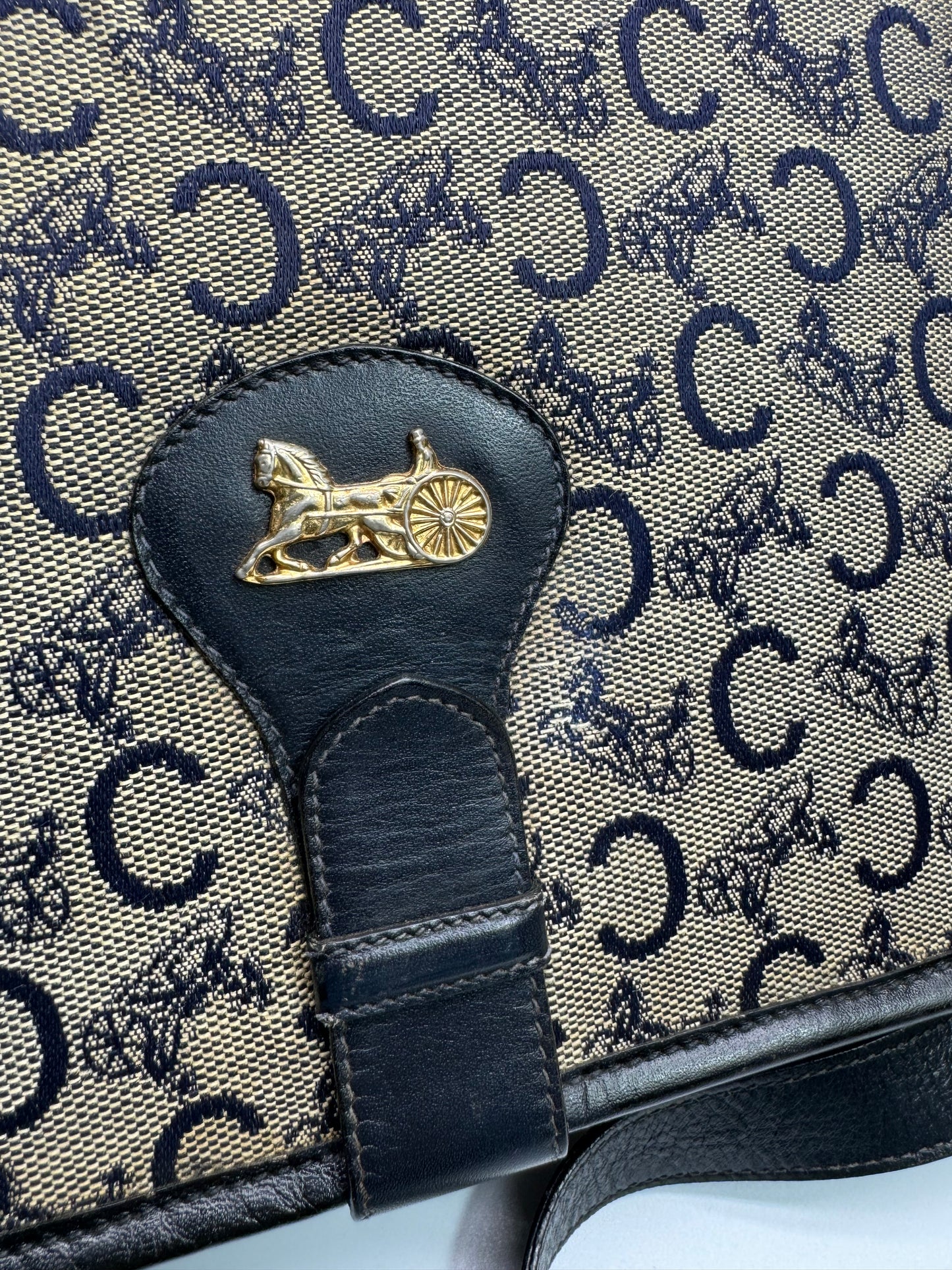 Authentic Celine Horse Carriage Navy Blue Jacquard Cloth Shoulder Bag