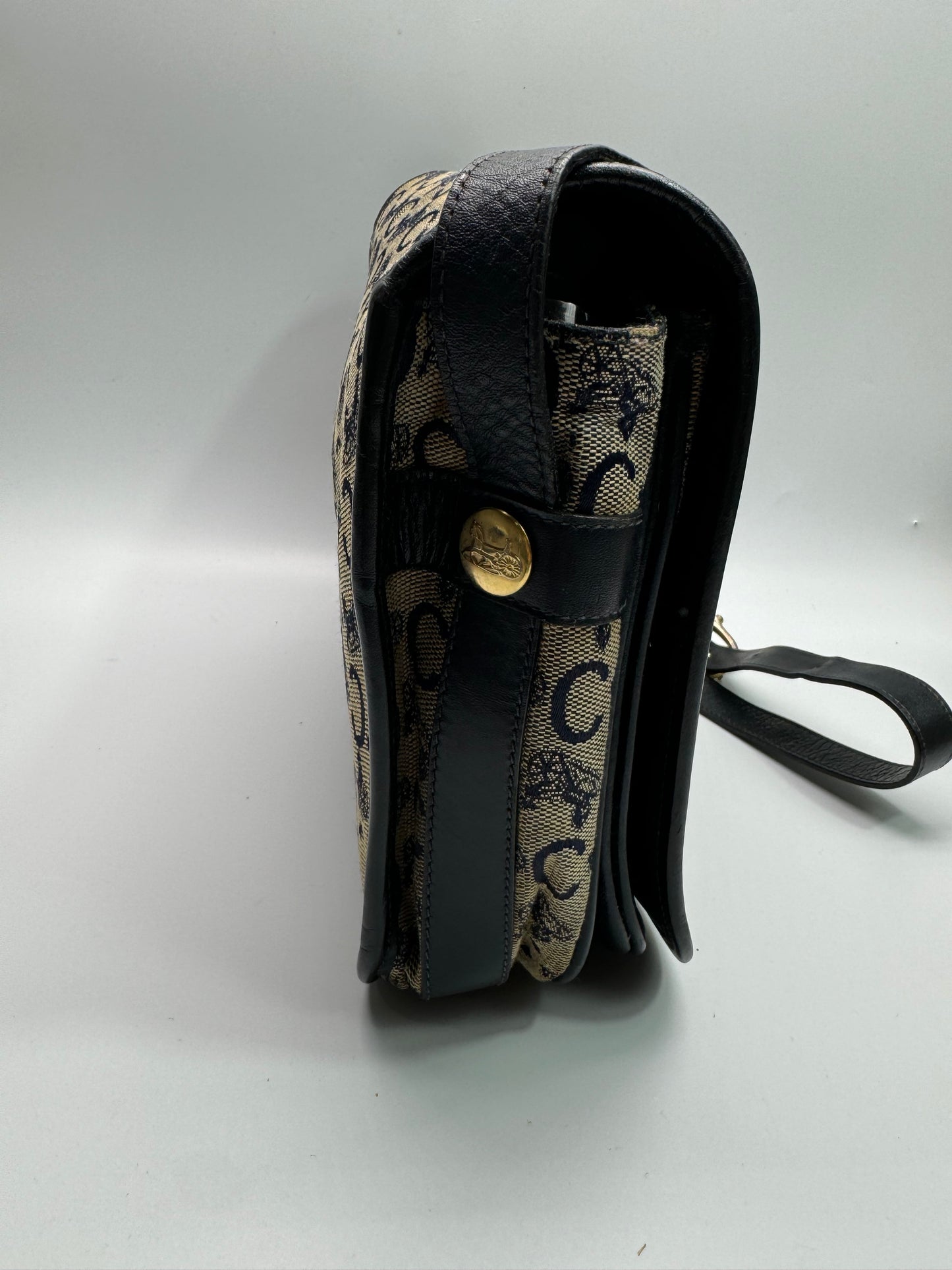 Authentic Celine Horse Carriage Navy Blue Jacquard Cloth Shoulder Bag