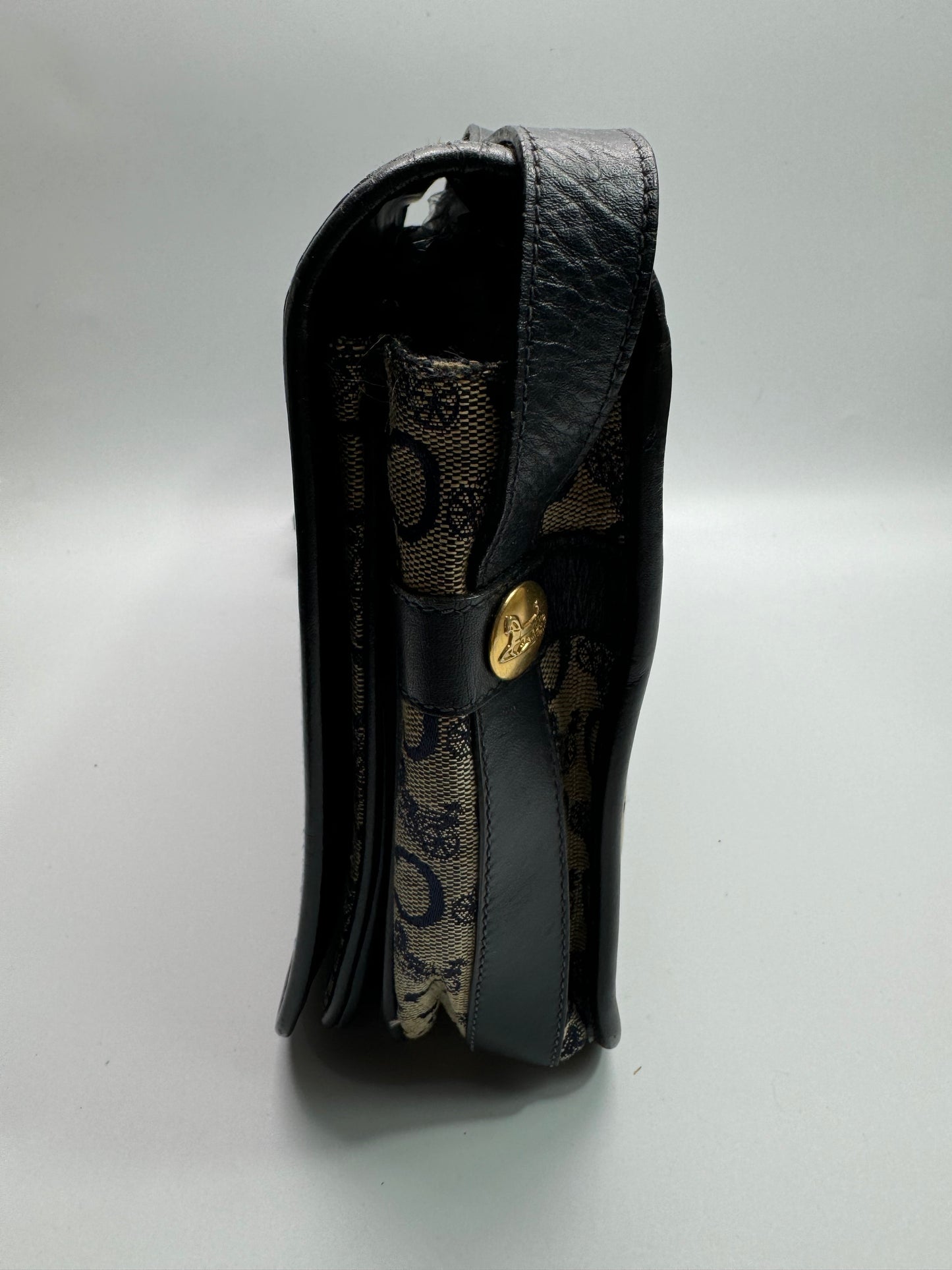 Authentic Celine Horse Carriage Navy Blue Jacquard Cloth Shoulder Bag