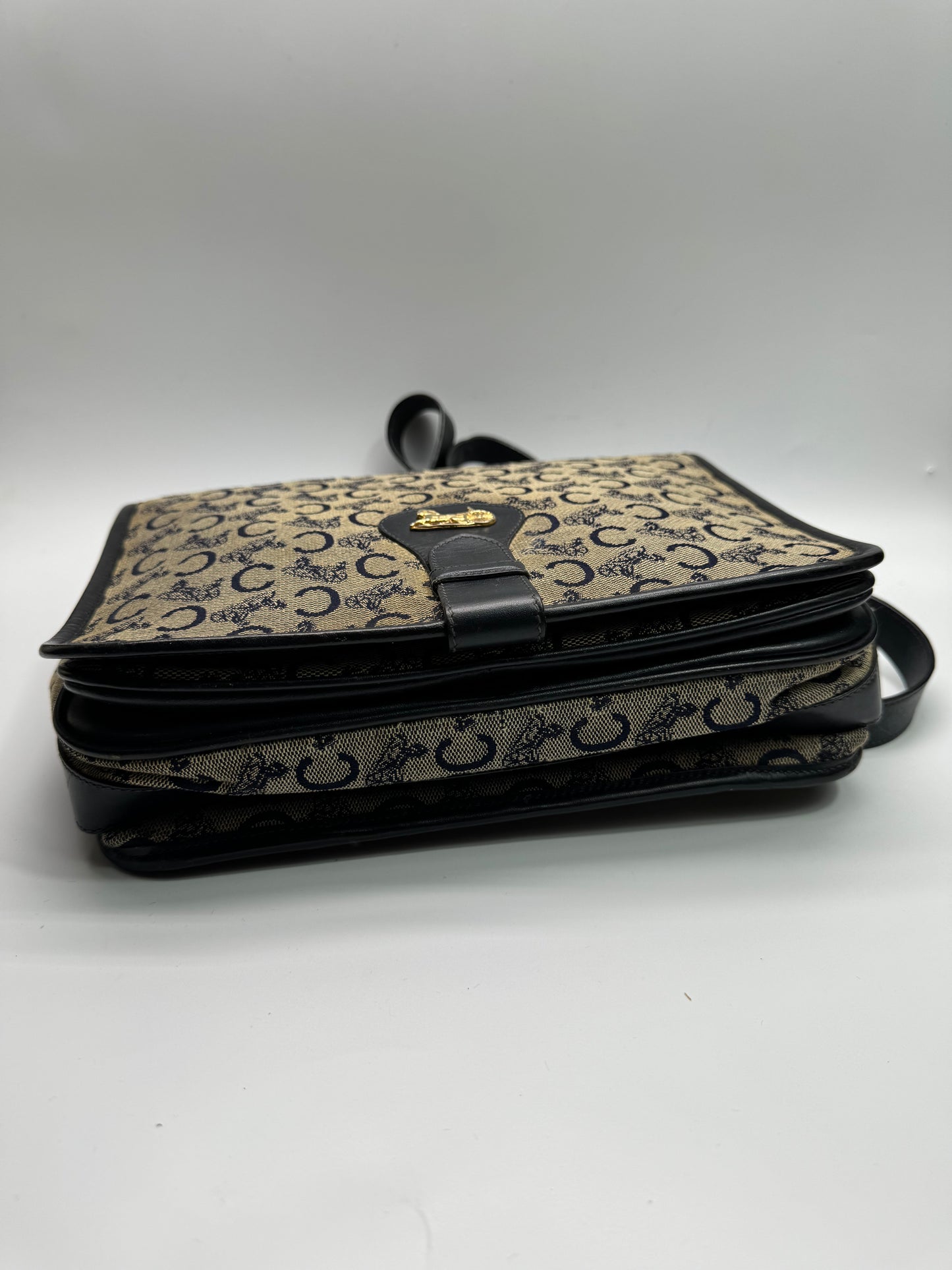 Authentic Celine Horse Carriage Navy Blue Jacquard Cloth Shoulder Bag