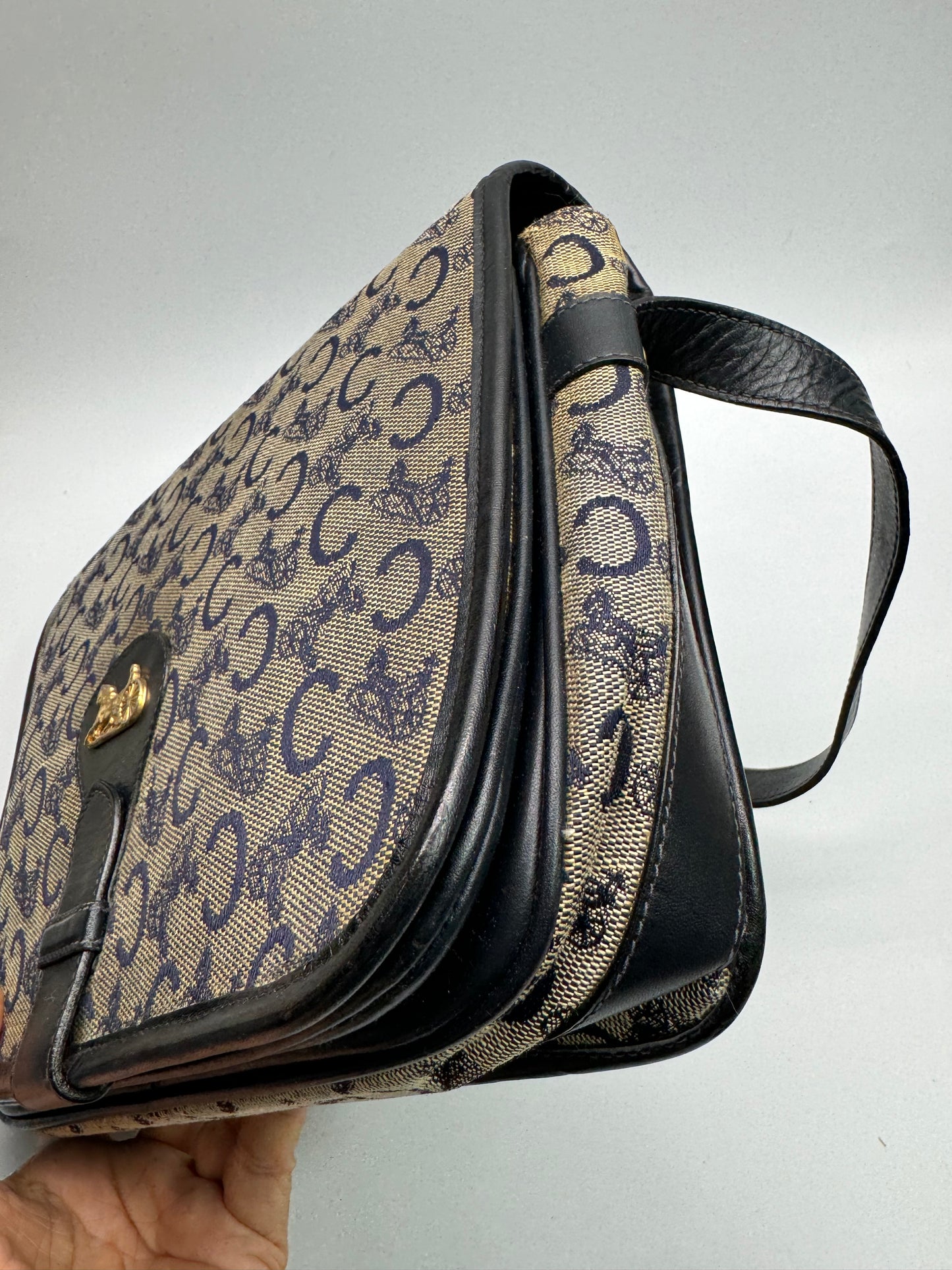 Authentic Celine Horse Carriage Navy Blue Jacquard Cloth Shoulder Bag
