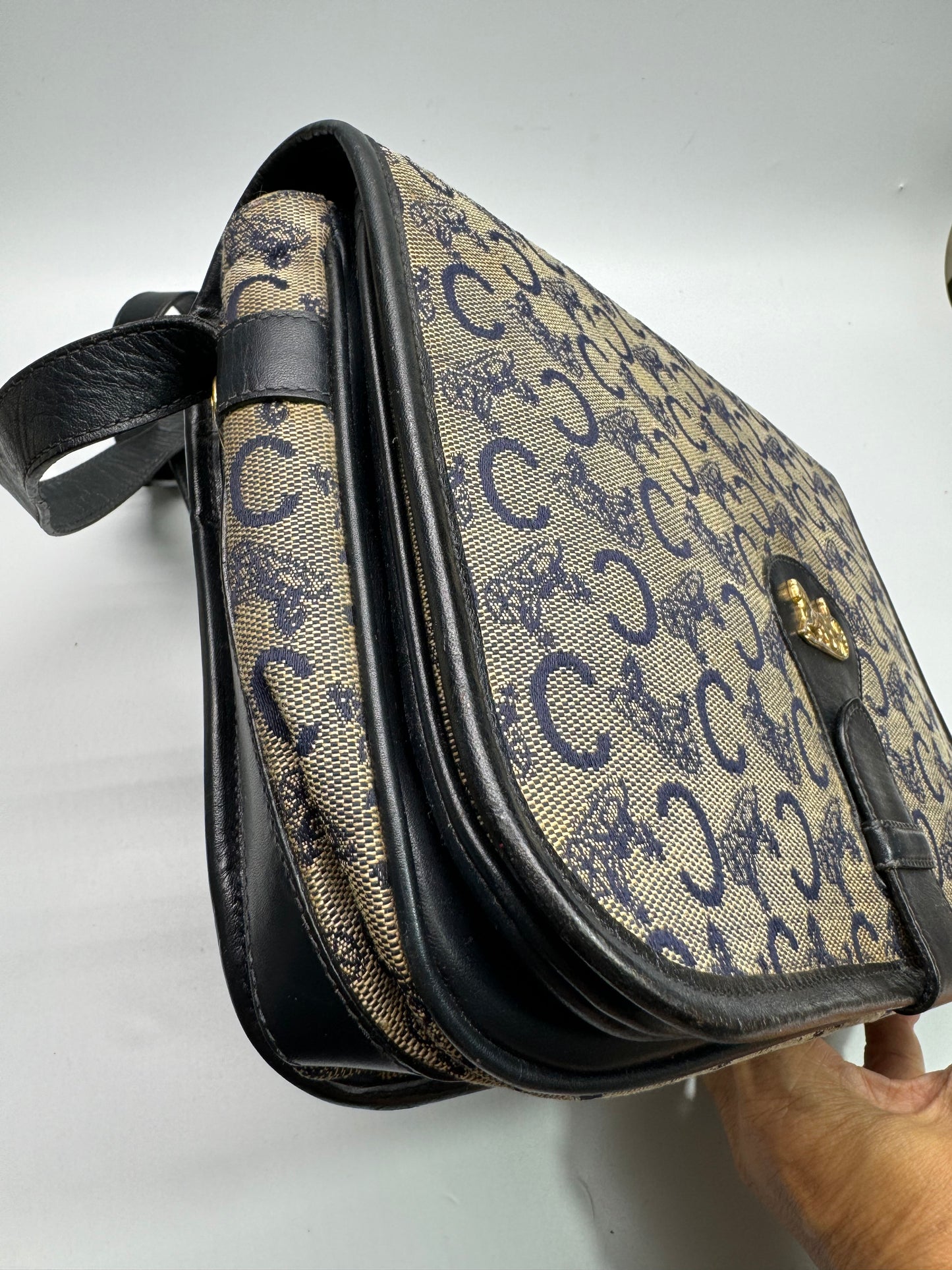 Authentic Celine Horse Carriage Navy Blue Jacquard Cloth Shoulder Bag