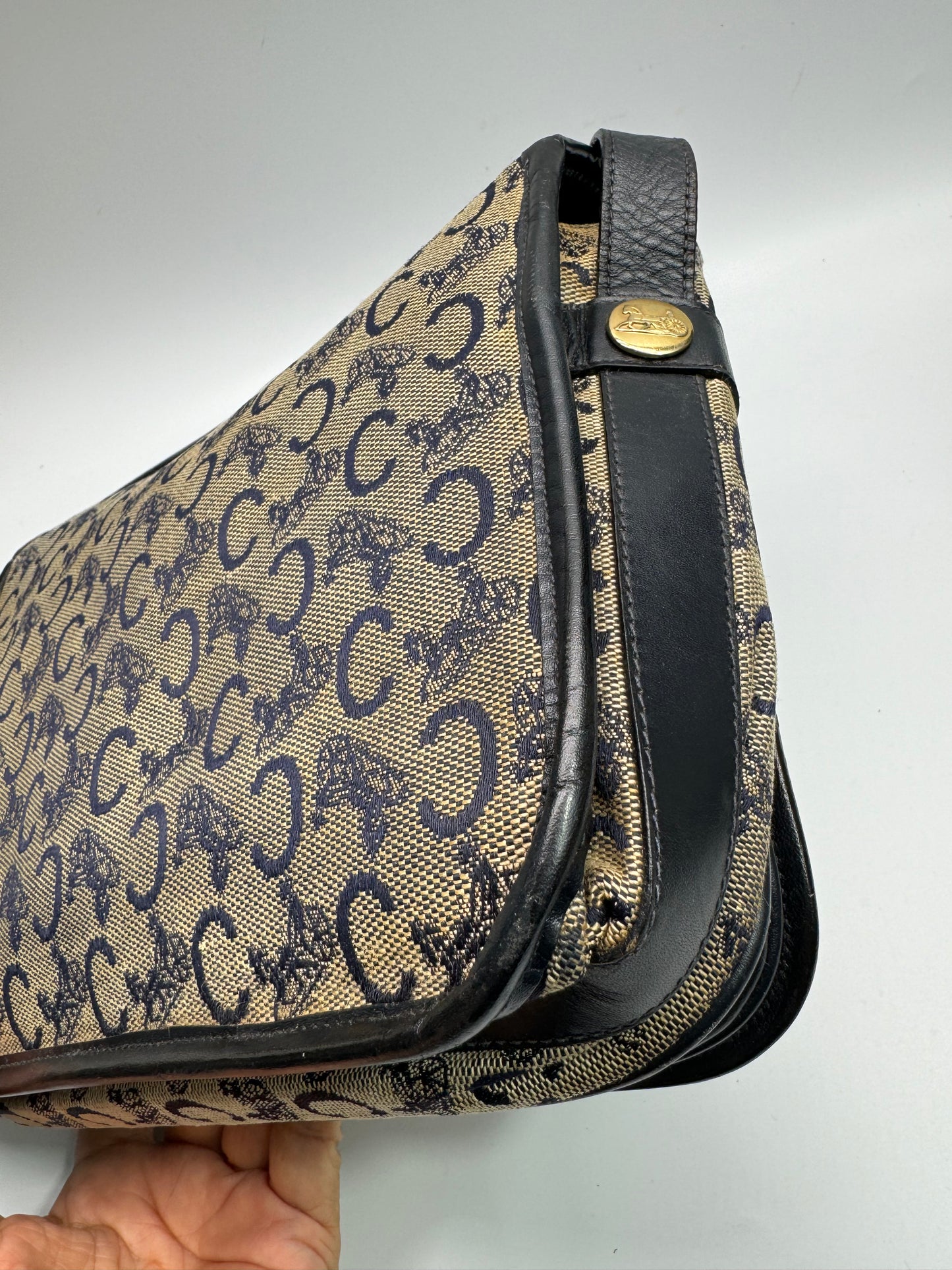 Authentic Celine Horse Carriage Navy Blue Jacquard Cloth Shoulder Bag