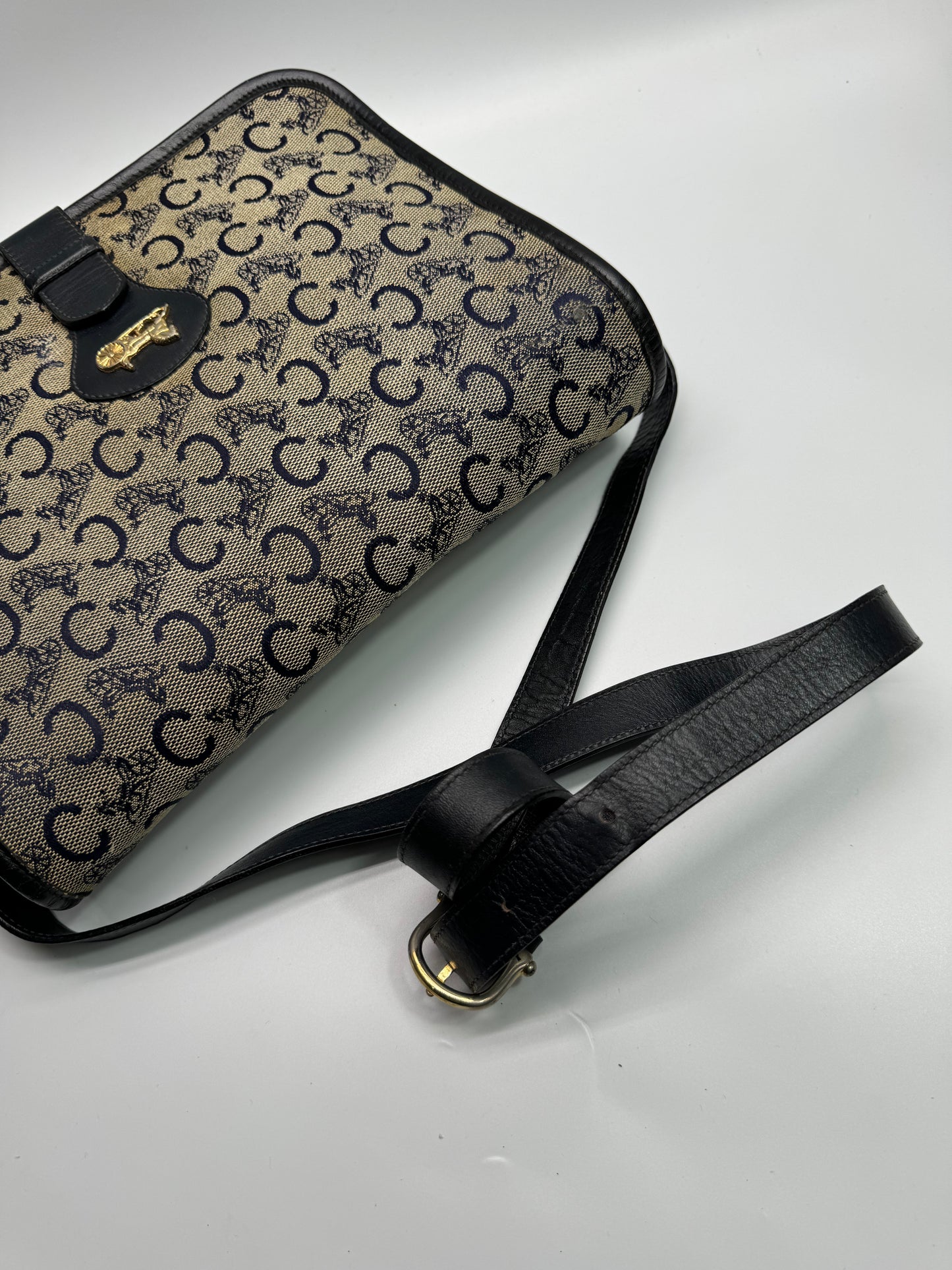 Authentic Celine Horse Carriage Navy Blue Jacquard Cloth Shoulder Bag