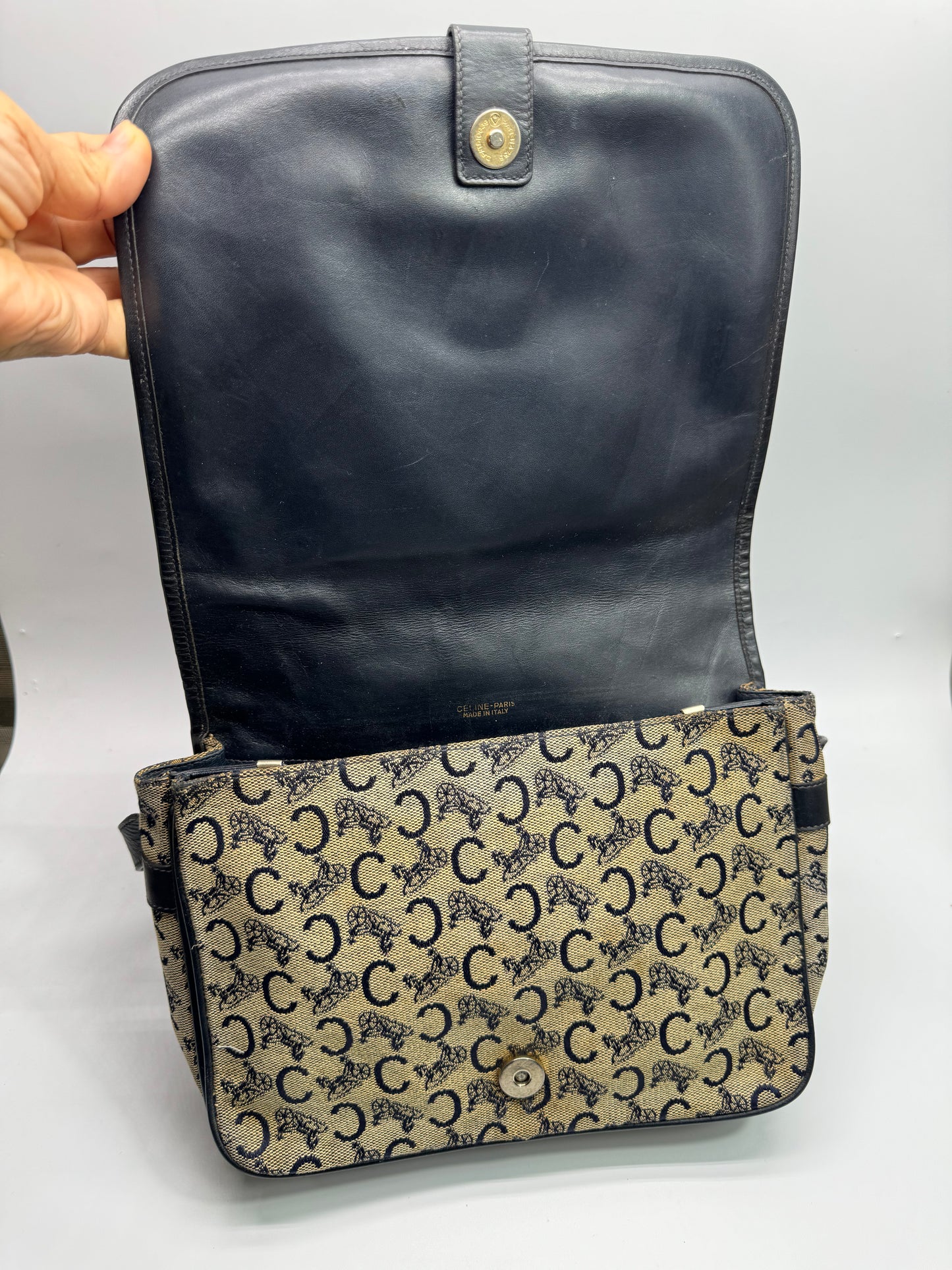 Authentic Celine Horse Carriage Navy Blue Jacquard Cloth Shoulder Bag