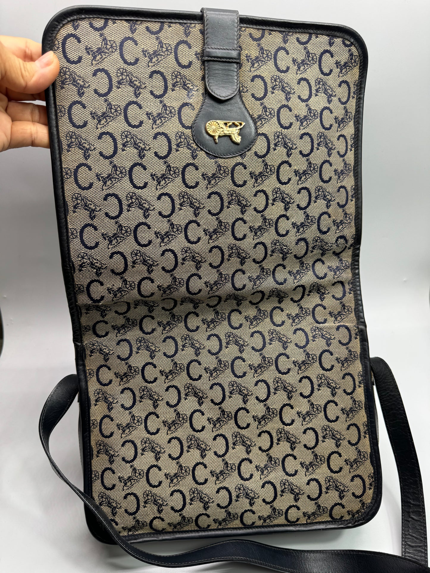 Authentic Celine Horse Carriage Navy Blue Jacquard Cloth Shoulder Bag
