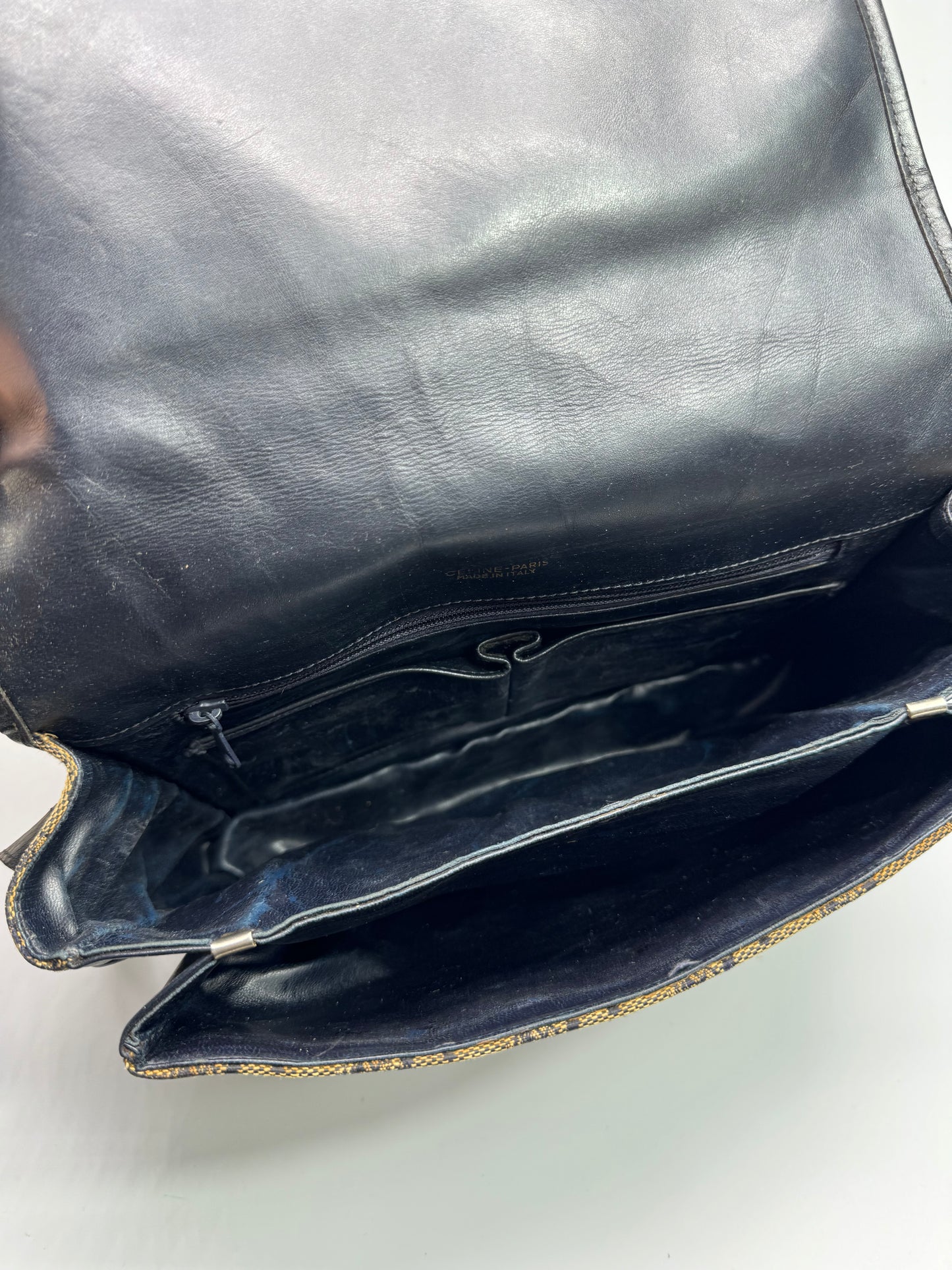 Authentic Celine Horse Carriage Navy Blue Jacquard Cloth Shoulder Bag