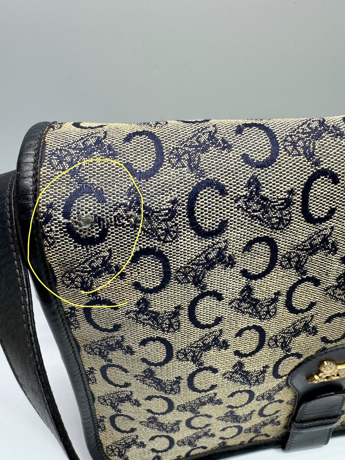 Authentic Celine Horse Carriage Navy Blue Jacquard Cloth Shoulder Bag