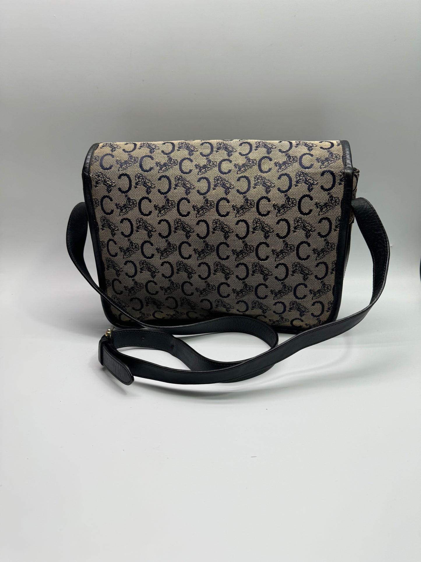 Authentic Celine Horse Carriage Navy Blue Jacquard Cloth Shoulder Bag