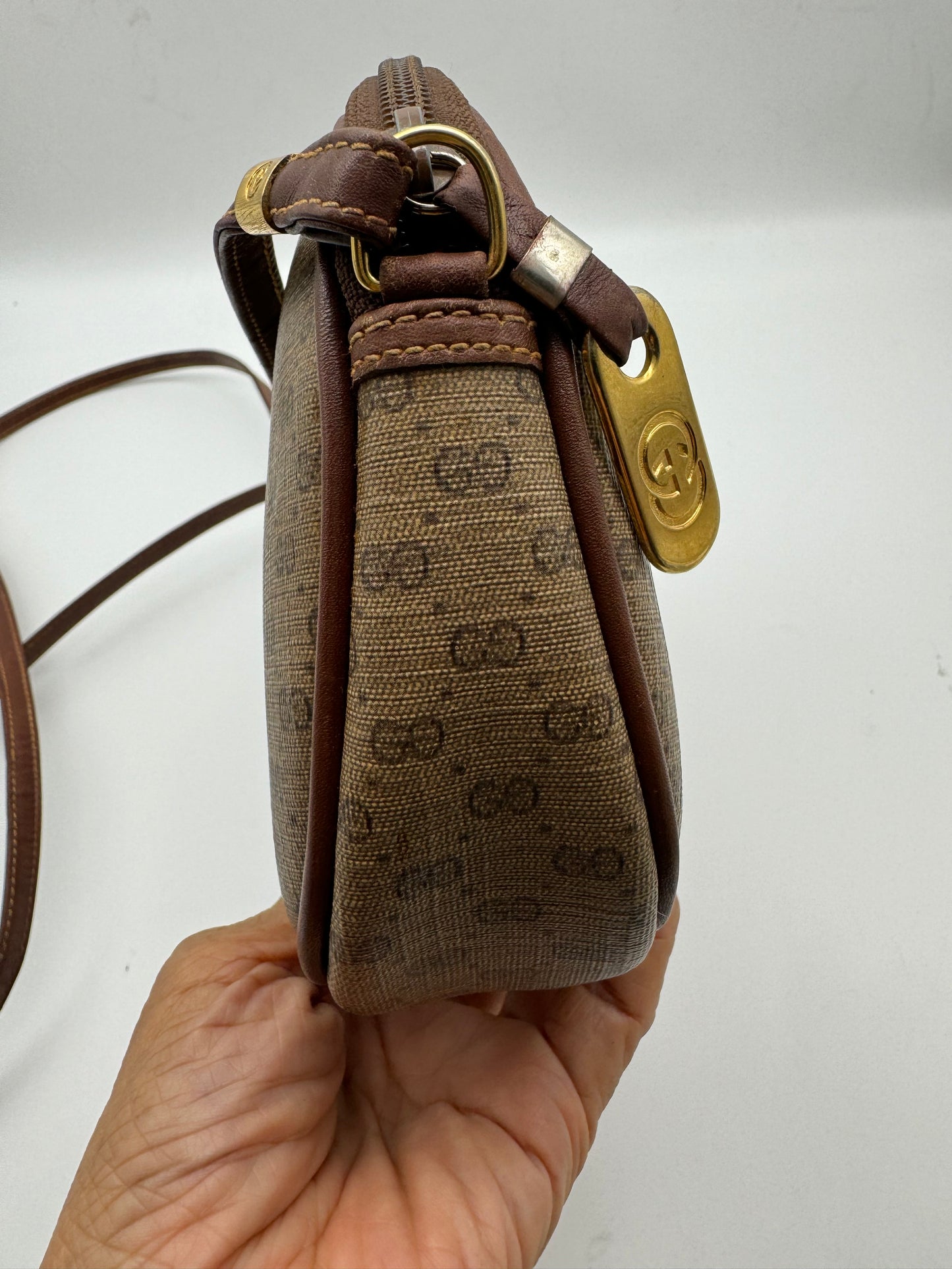 Authentic GUCCI Vintage Brown Micro GG Monogram Coated Canvas Crossbody Bag