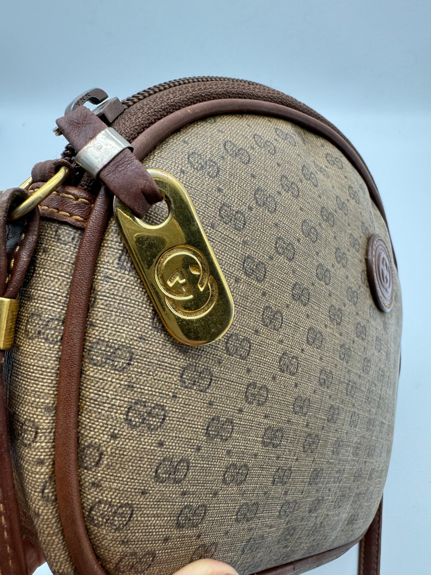 Authentic GUCCI Vintage Brown Micro GG Monogram Coated Canvas Crossbody Bag