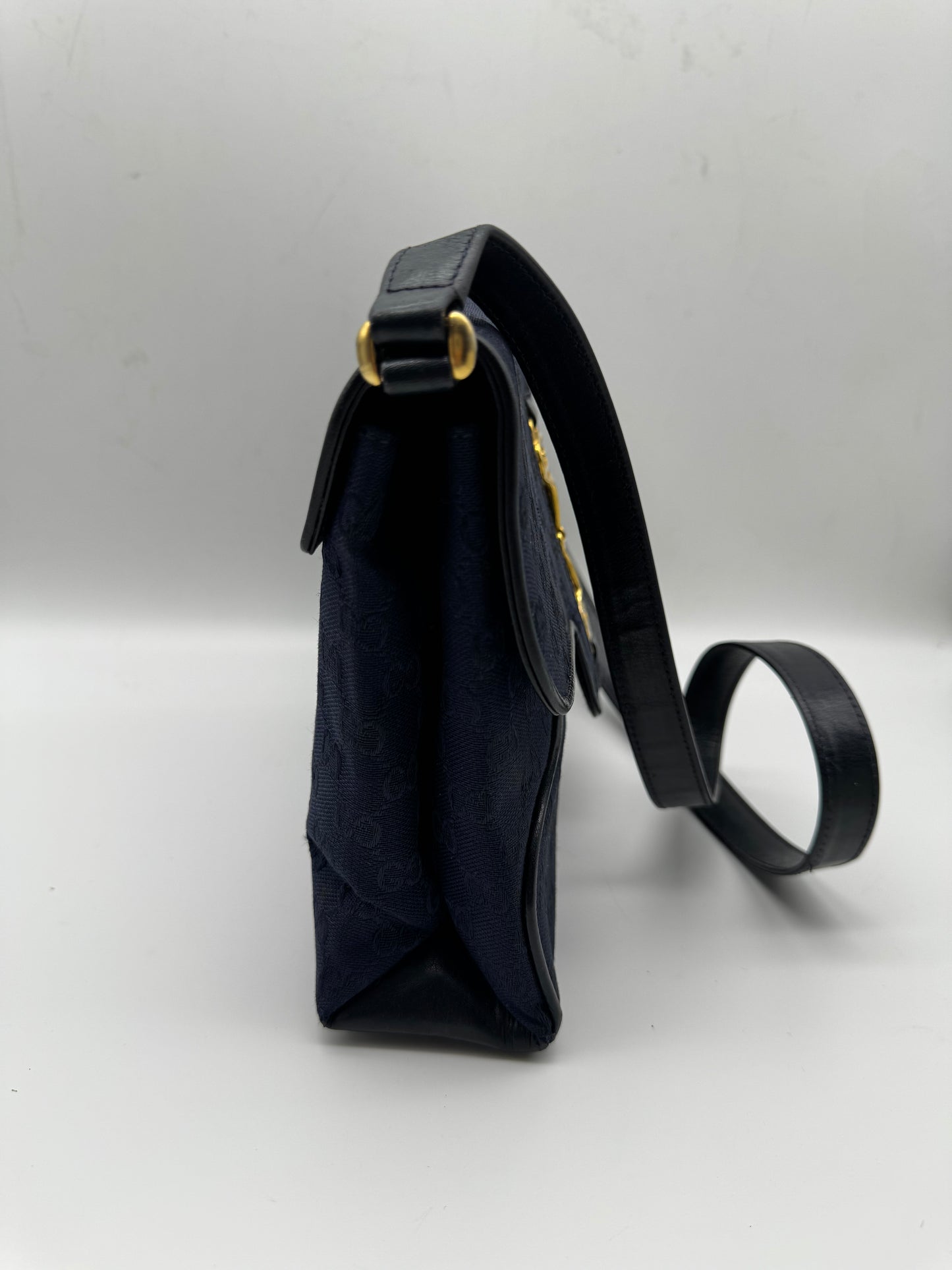 Authentic GUCCI Vintage Horsebit Navy Blue Monogram Jacquard Cloth Shoulder Bag
