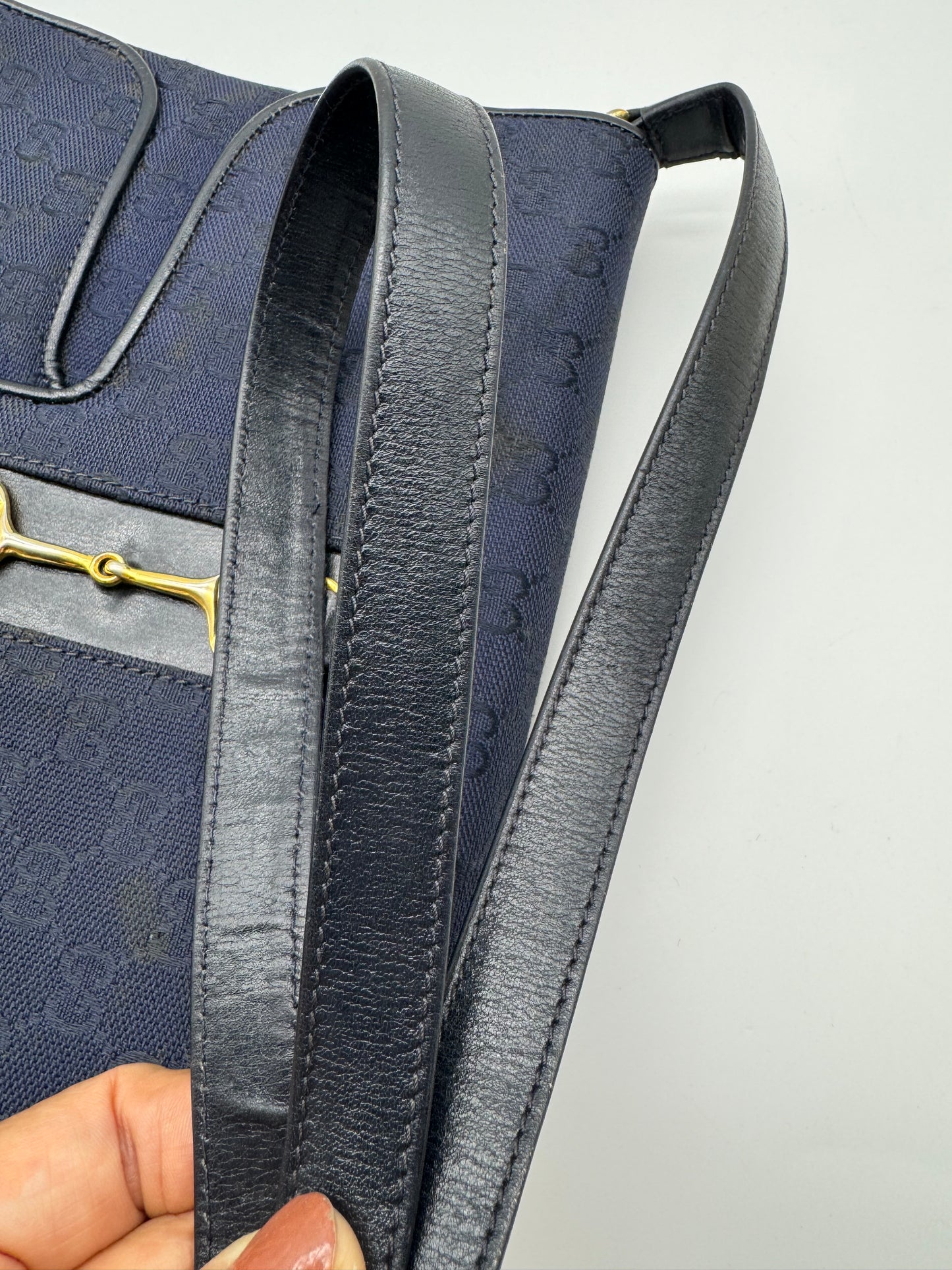 Authentic GUCCI Vintage Horsebit Navy Blue Monogram Jacquard Cloth Shoulder Bag