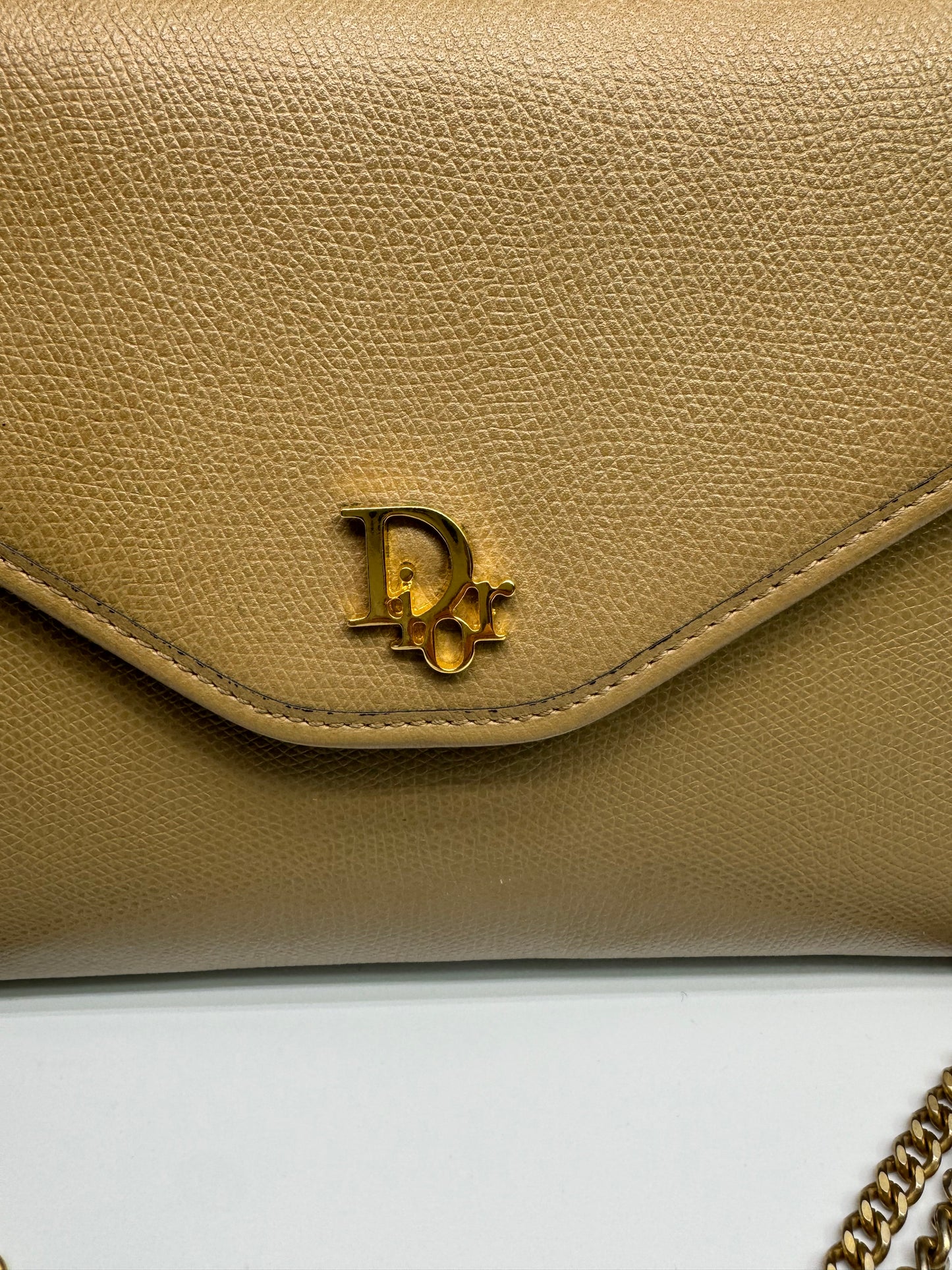 Authentic Christian Dior Beige Pebble Leather Clutch Shoulder Crossbody Bag