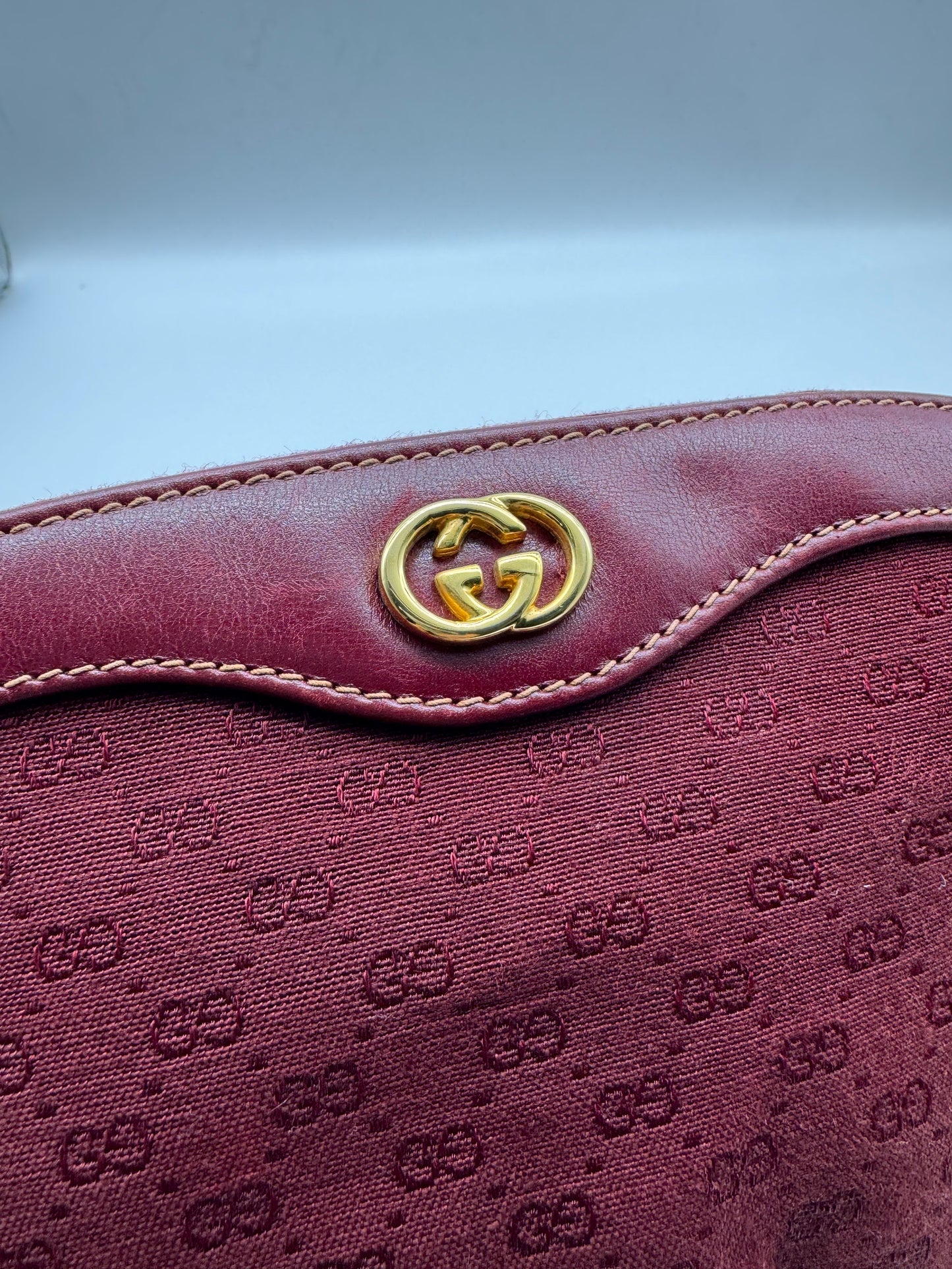Authentic Gucci Vintage Clutch Red Micro Monogram Jacquard Canvas Added Strap Shoulder Bag