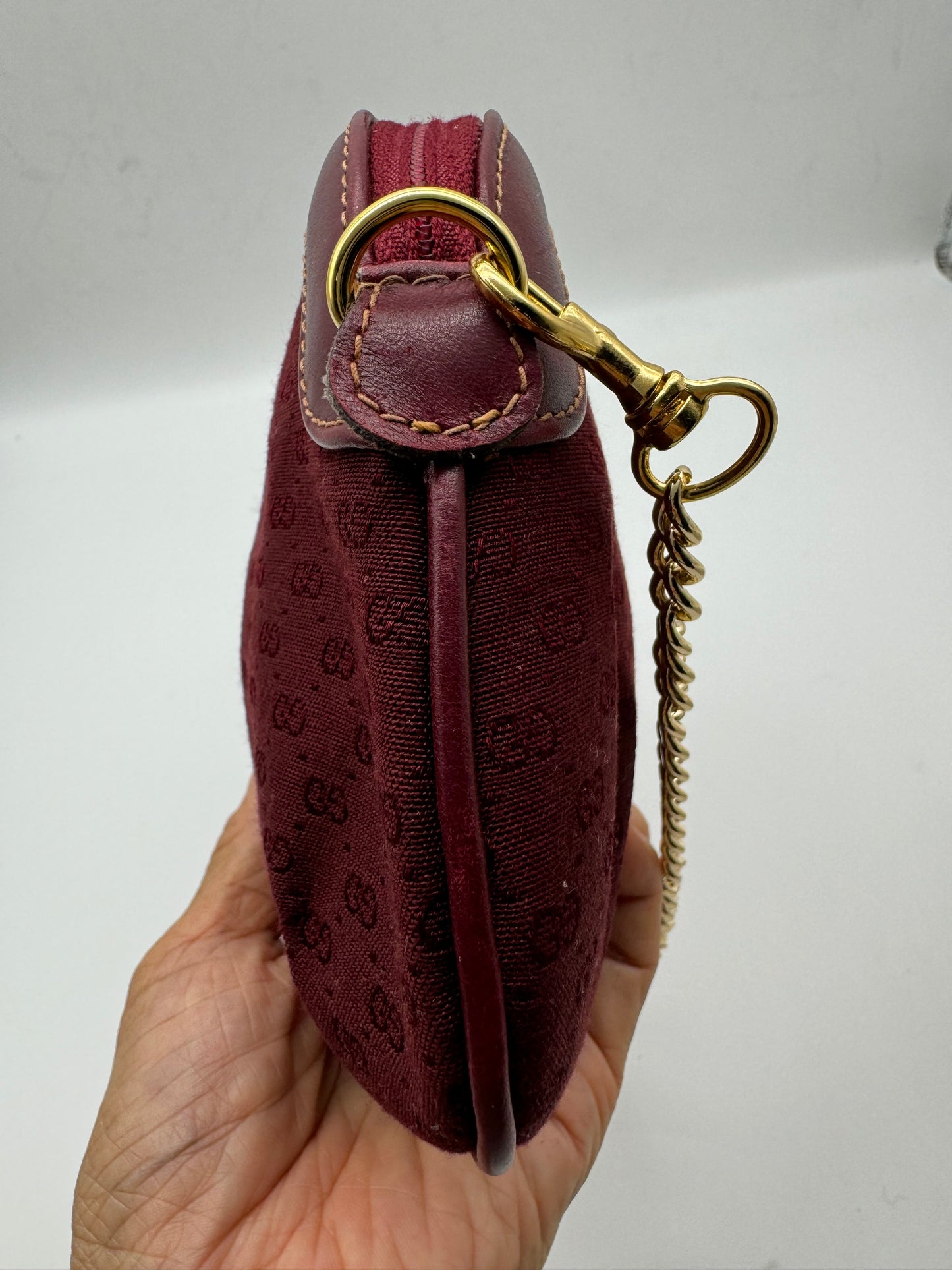 Authentic Gucci Vintage Clutch Red Micro Monogram Jacquard Canvas Added Strap Shoulder Bag