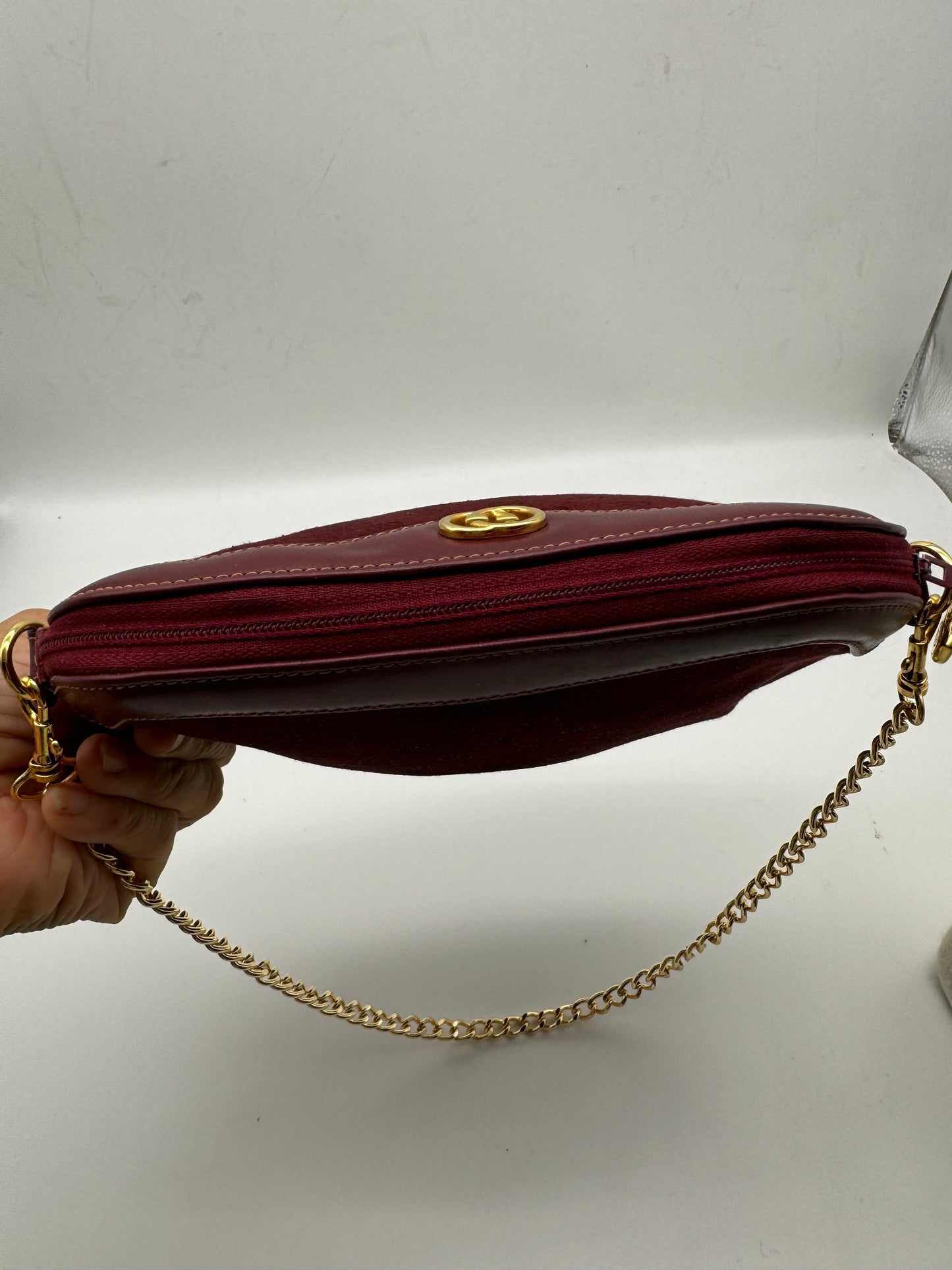 Authentic Gucci Vintage Clutch Red Micro Monogram Jacquard Canvas Added Strap Shoulder Bag