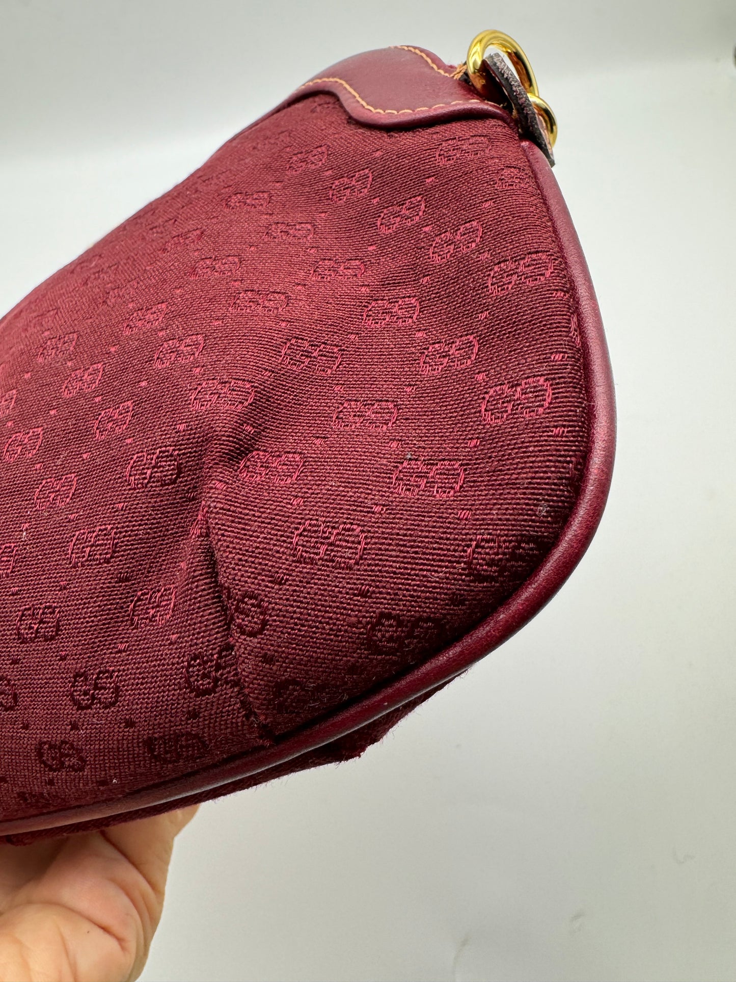 Authentic Gucci Vintage Clutch Red Micro Monogram Jacquard Canvas Added Strap Shoulder Bag