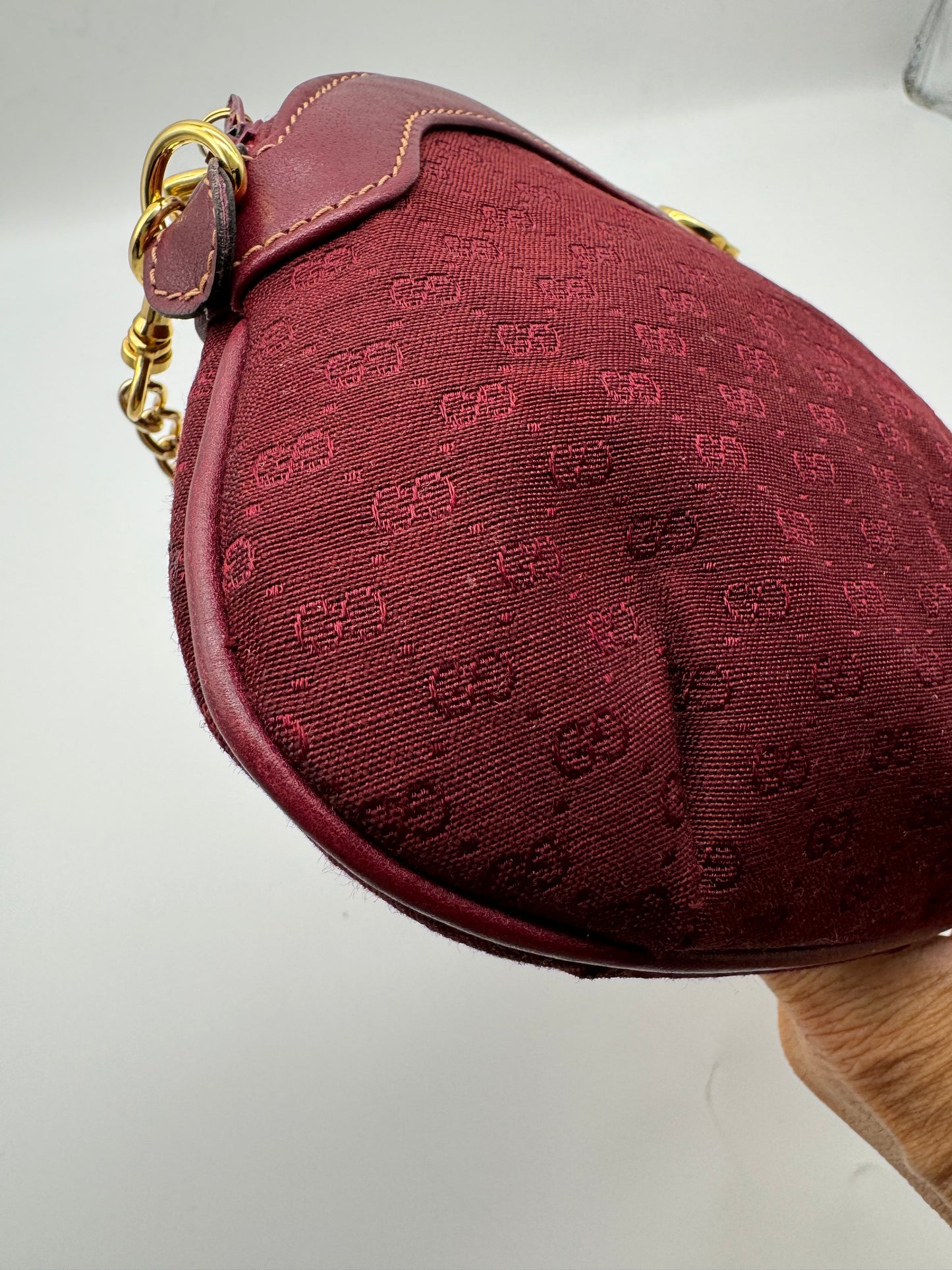 Authentic Gucci Vintage Clutch Red Micro Monogram Jacquard Canvas Added Strap Shoulder Bag