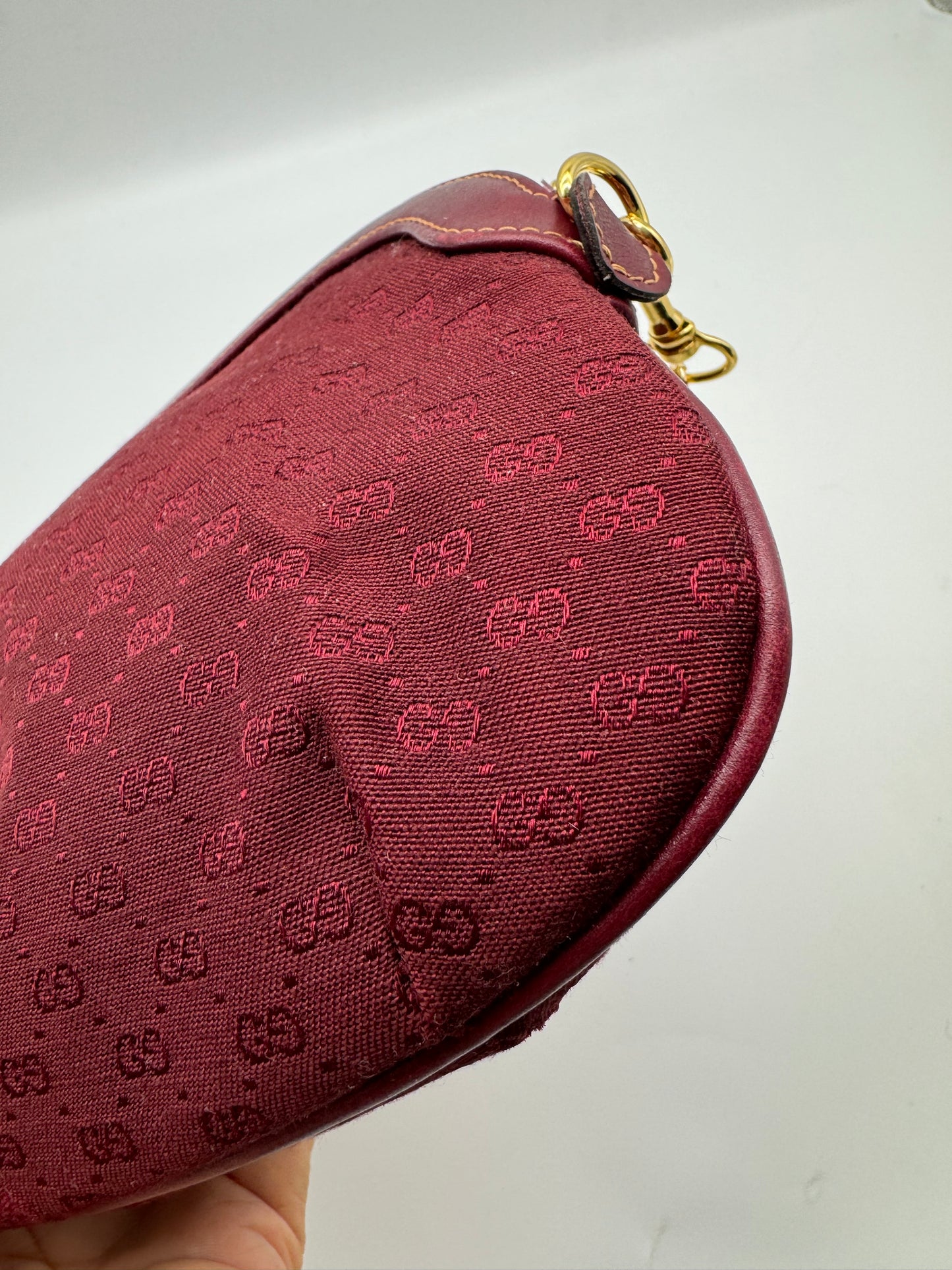Authentic Gucci Vintage Clutch Red Micro Monogram Jacquard Canvas Added Strap Shoulder Bag