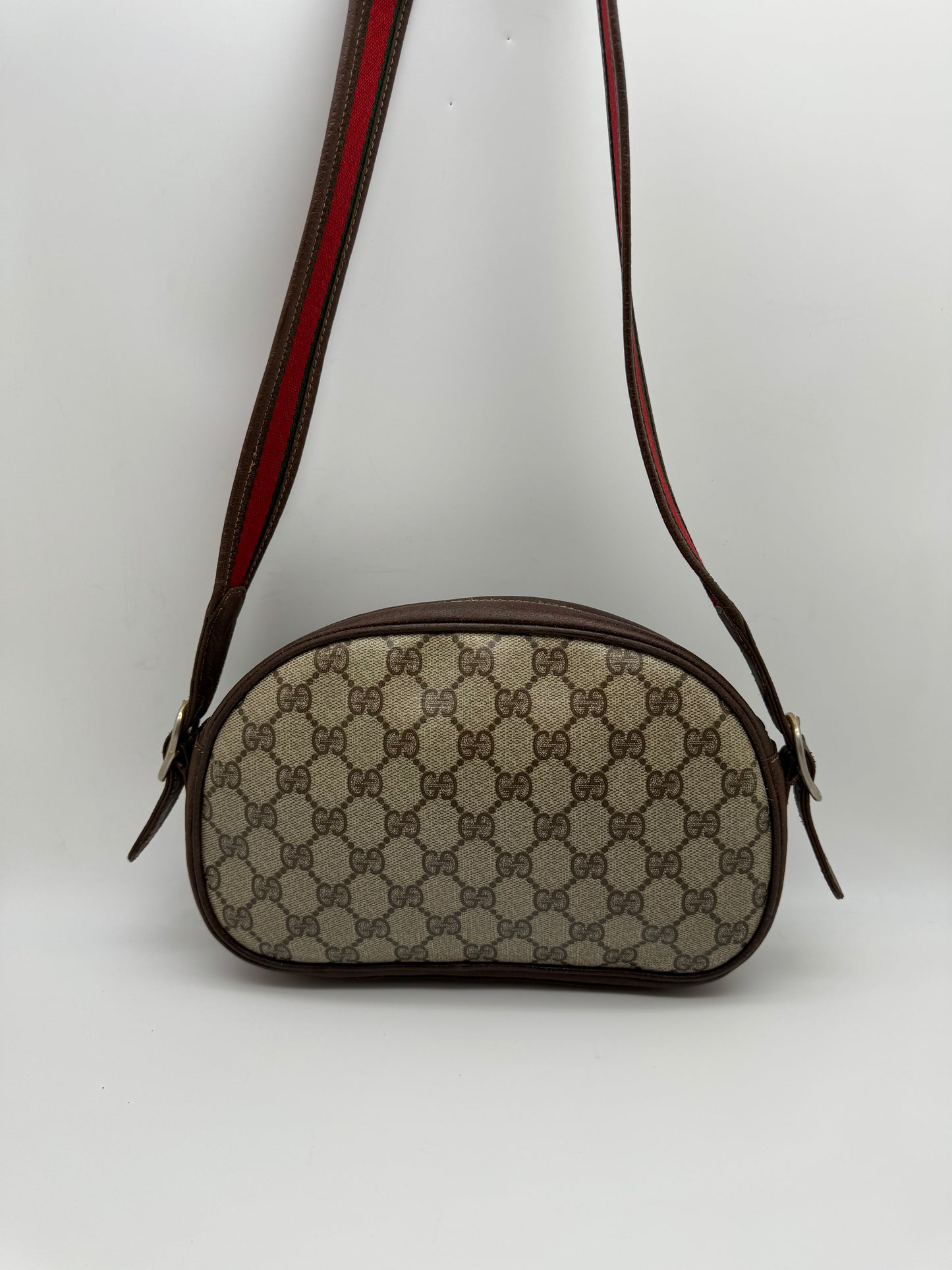 Authentic GUCCI Vintage Coated Canvas Red & Green Strap Crossbody Bag