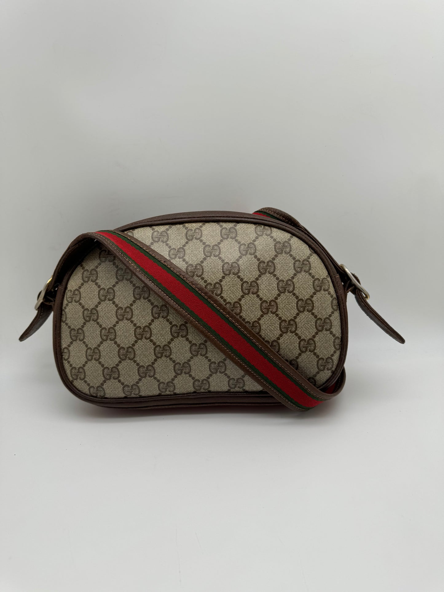 Authentic GUCCI Vintage Coated Canvas Red & Green Strap Crossbody Bag