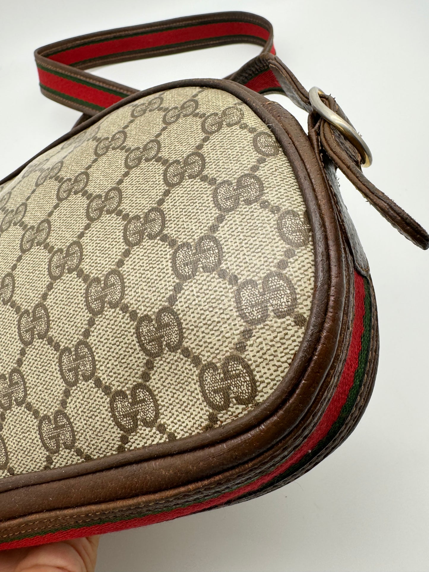 Authentic GUCCI Vintage Coated Canvas Red & Green Strap Crossbody Bag