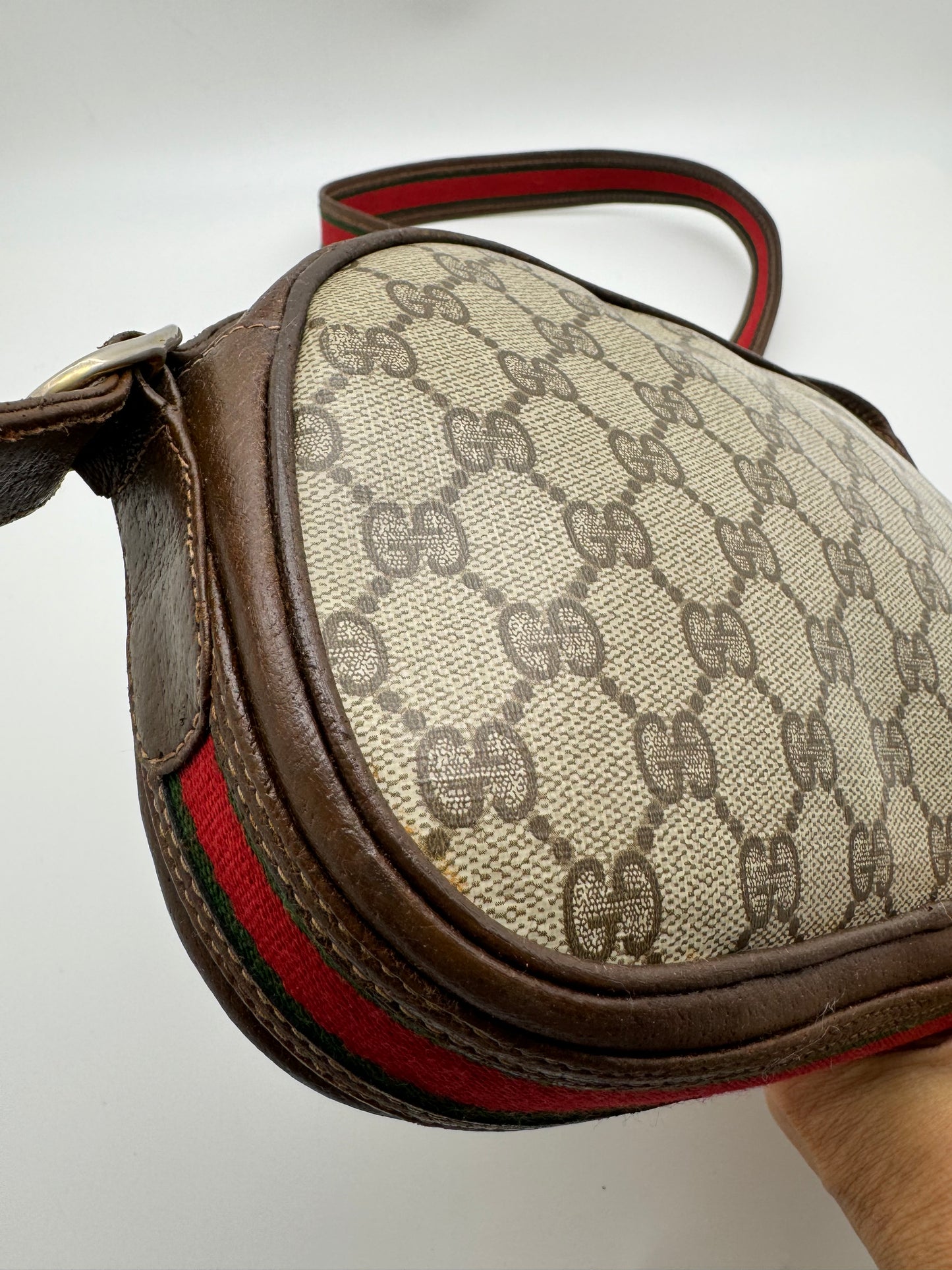 Authentic GUCCI Vintage Coated Canvas Red & Green Strap Crossbody Bag