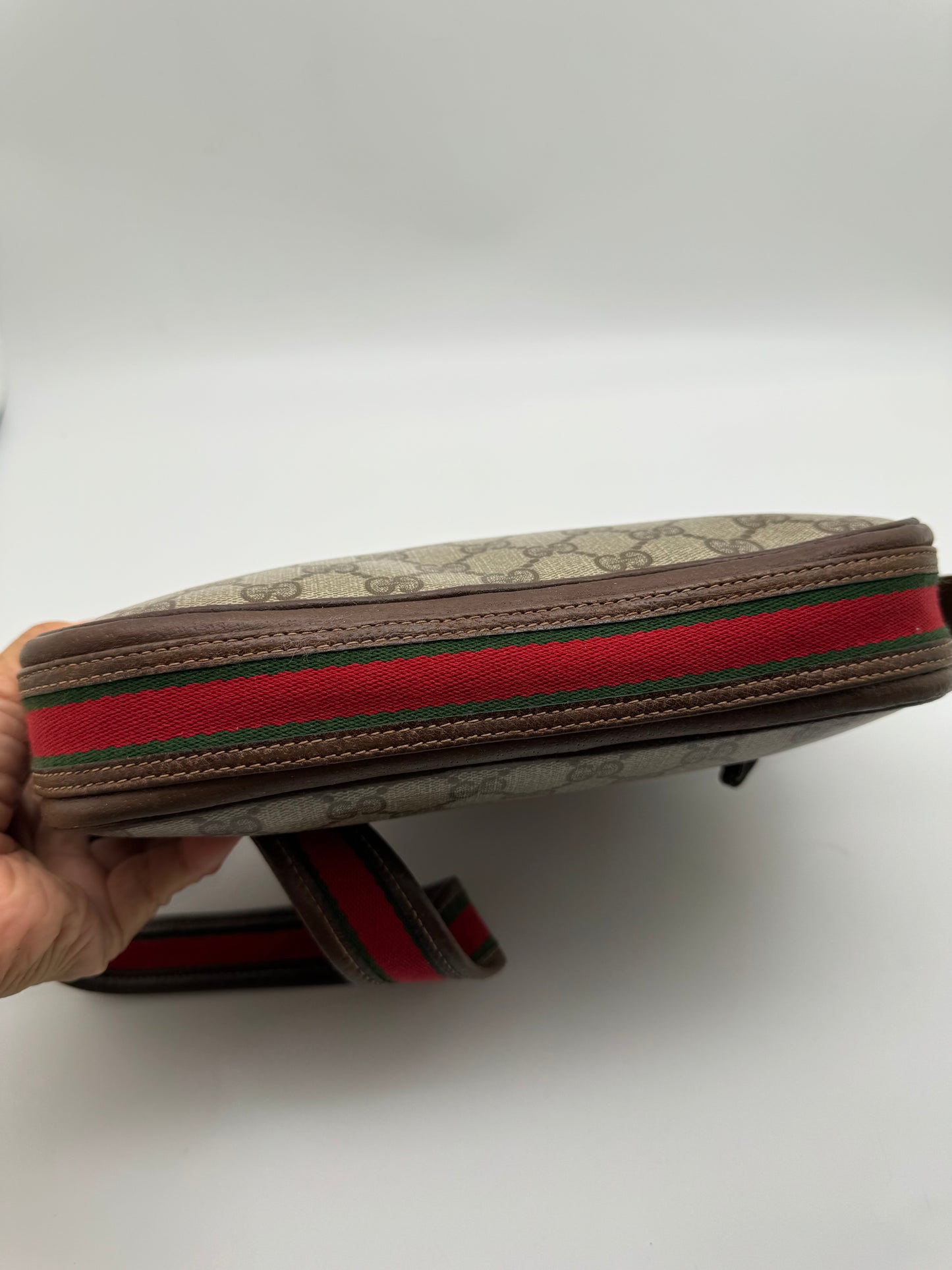 Authentic GUCCI Vintage Coated Canvas Red & Green Strap Crossbody Bag