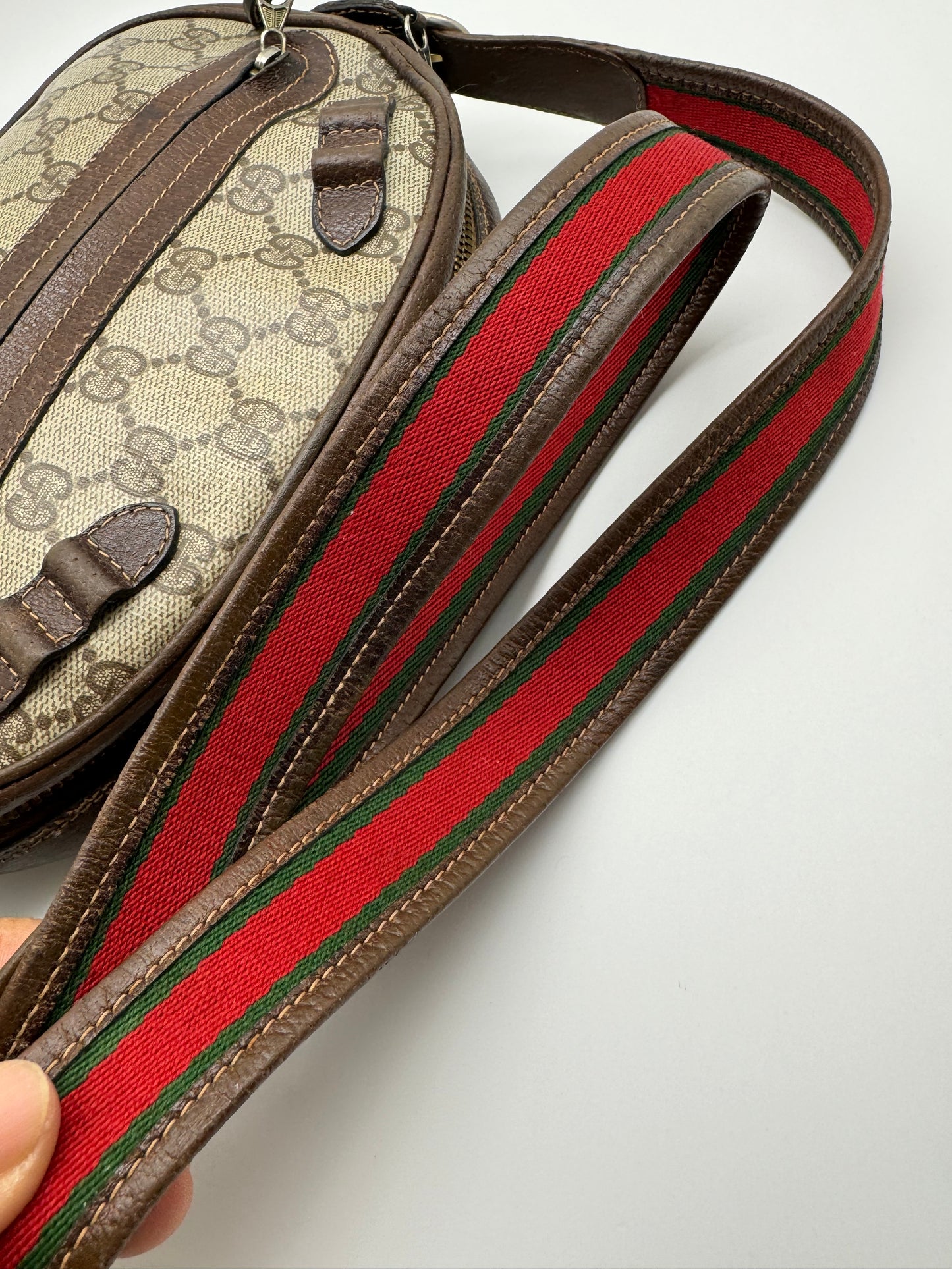 Authentic GUCCI Vintage Coated Canvas Red & Green Strap Crossbody Bag